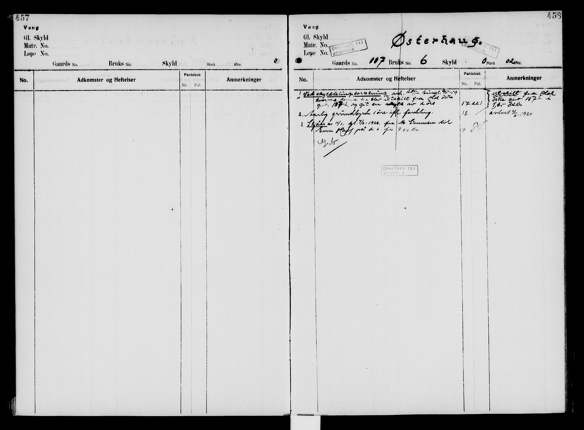 Nord-Hedmark sorenskriveri, SAH/TING-012/H/Ha/Had/Hade/L0005: Mortgage register no. 4.5, 1916-1940, p. 457-458
