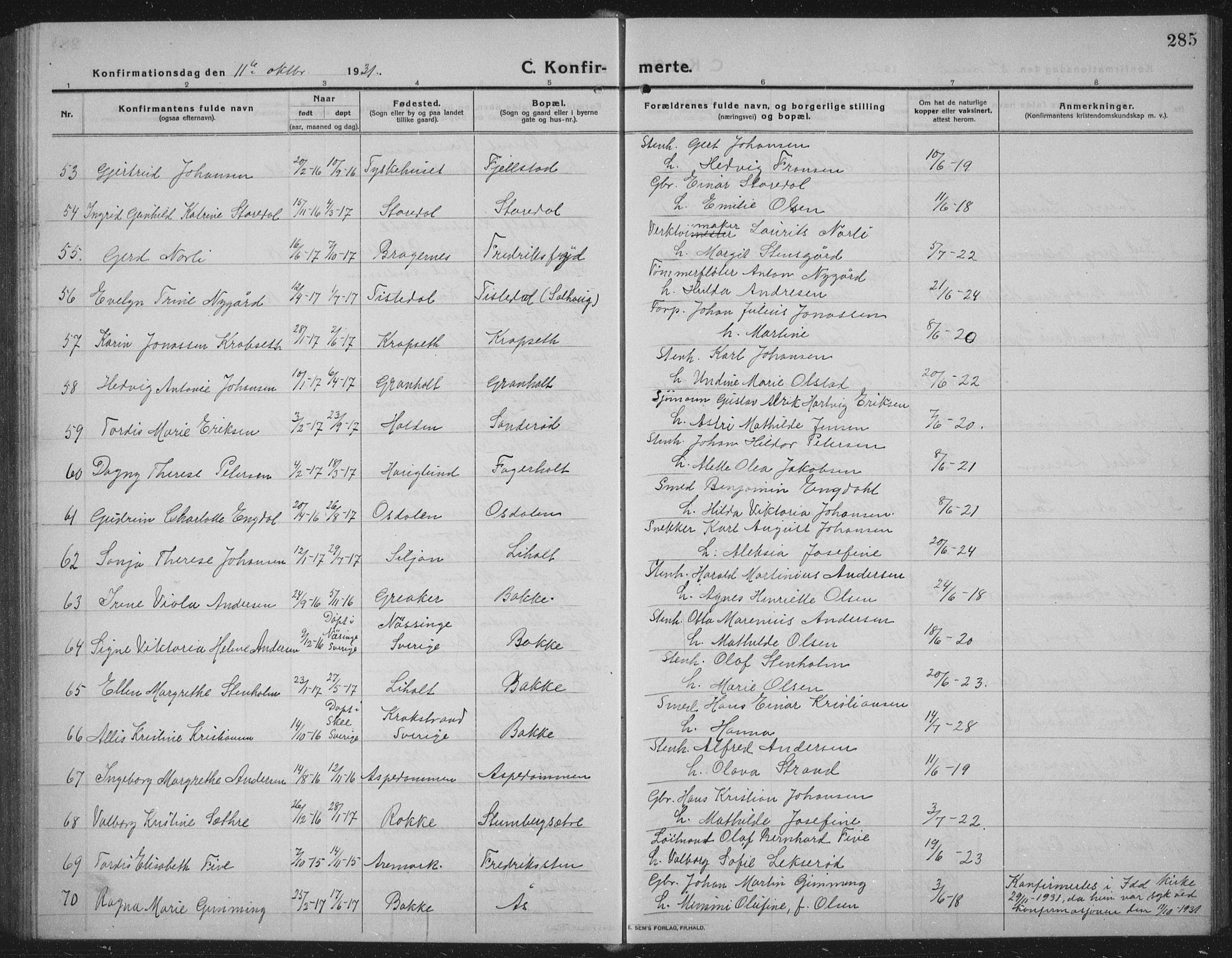 Idd prestekontor Kirkebøker, SAO/A-10911/G/Gb/L0003: Parish register (copy) no. II 3, 1914-1940, p. 285