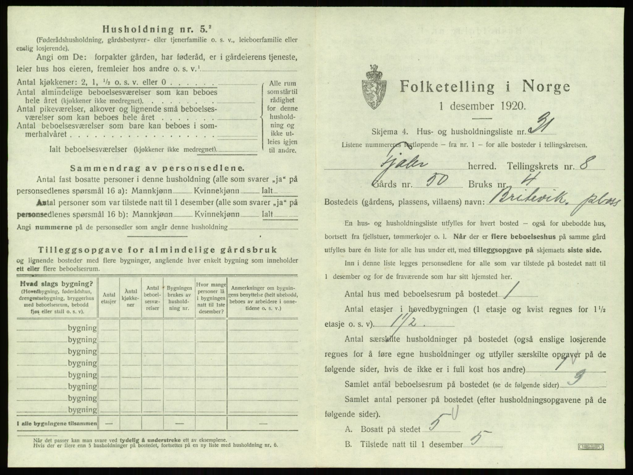 SAB, 1920 census for Fjaler, 1920, p. 653