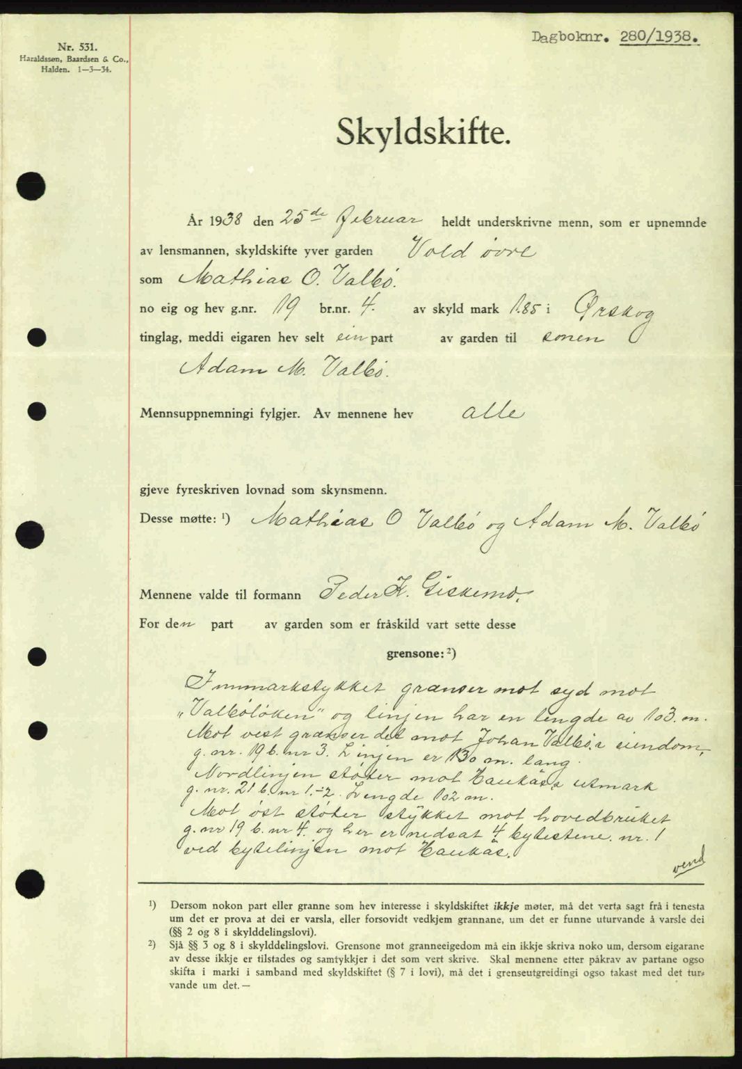 Nordre Sunnmøre sorenskriveri, AV/SAT-A-0006/1/2/2C/2Ca: Mortgage book no. A4, 1937-1938, Diary no: : 280/1938