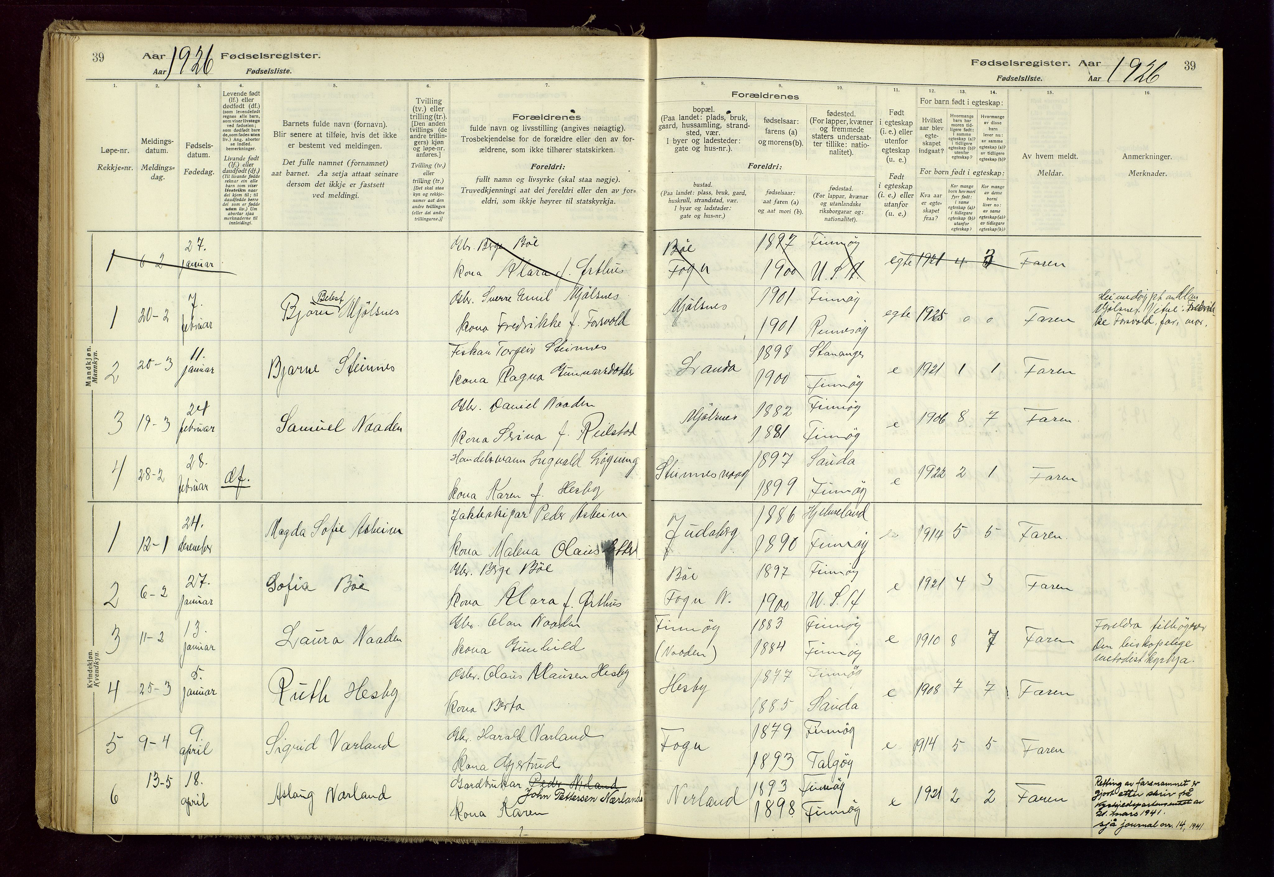 Finnøy sokneprestkontor, AV/SAST-A-101825/I/Id/L0001: Birth register no. 1, 1916-1977, p. 39