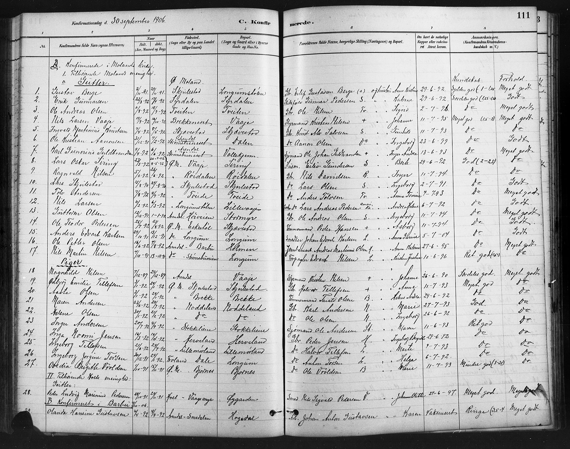 Austre Moland sokneprestkontor, AV/SAK-1111-0001/F/Fb/Fba/L0003: Parish register (copy) no. B 3, 1879-1914, p. 111