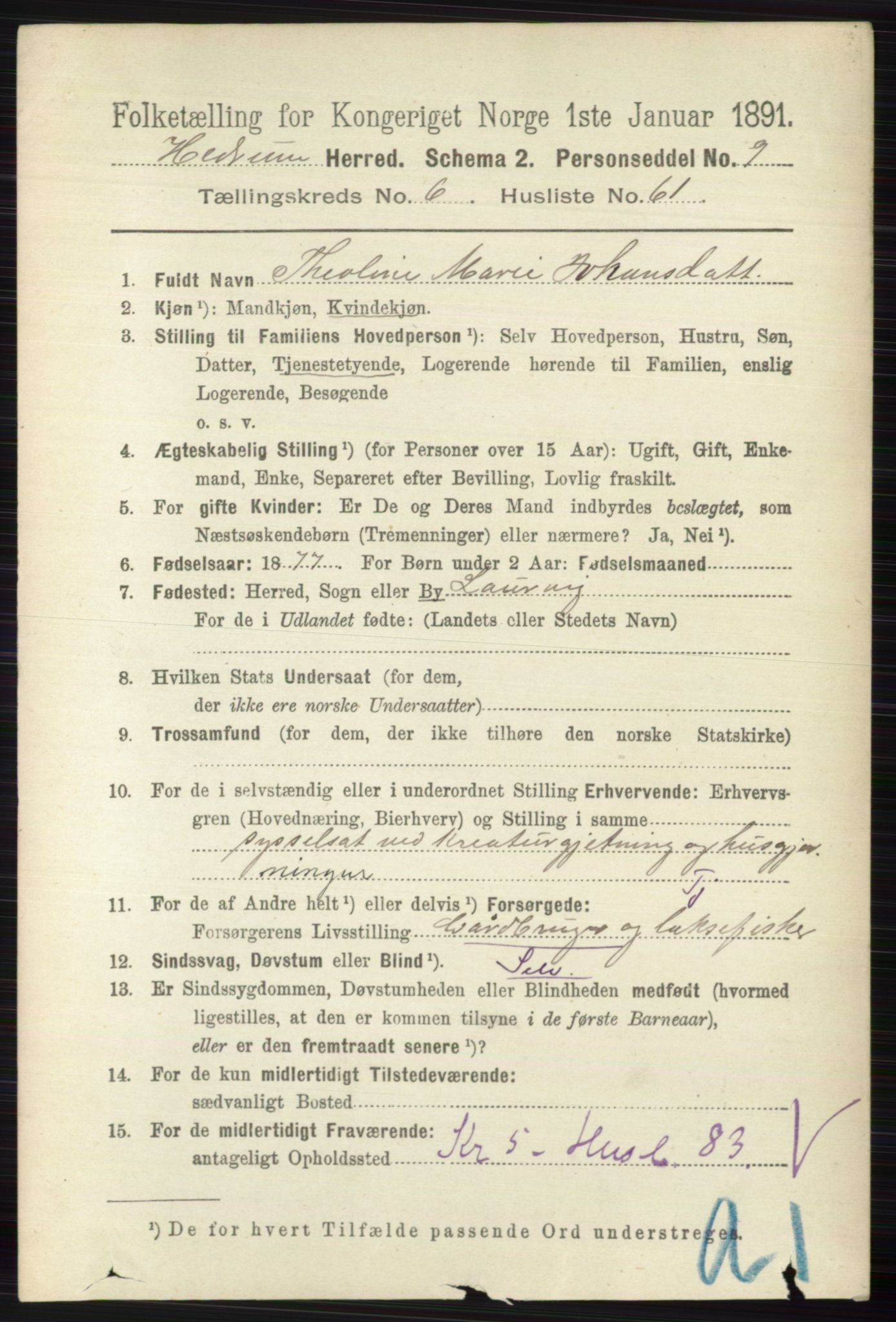 RA, 1891 census for 0727 Hedrum, 1891, p. 2941