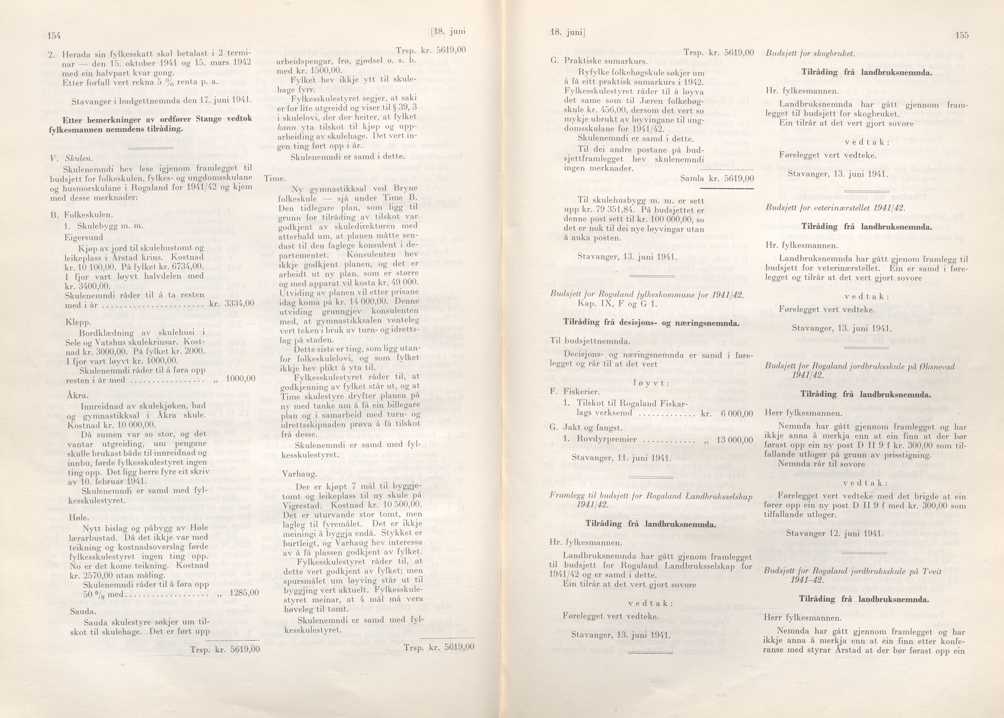 Rogaland fylkeskommune - Fylkesrådmannen , IKAR/A-900/A/Aa/Aaa/L0060: Møtebok , 1941, p. 154-155