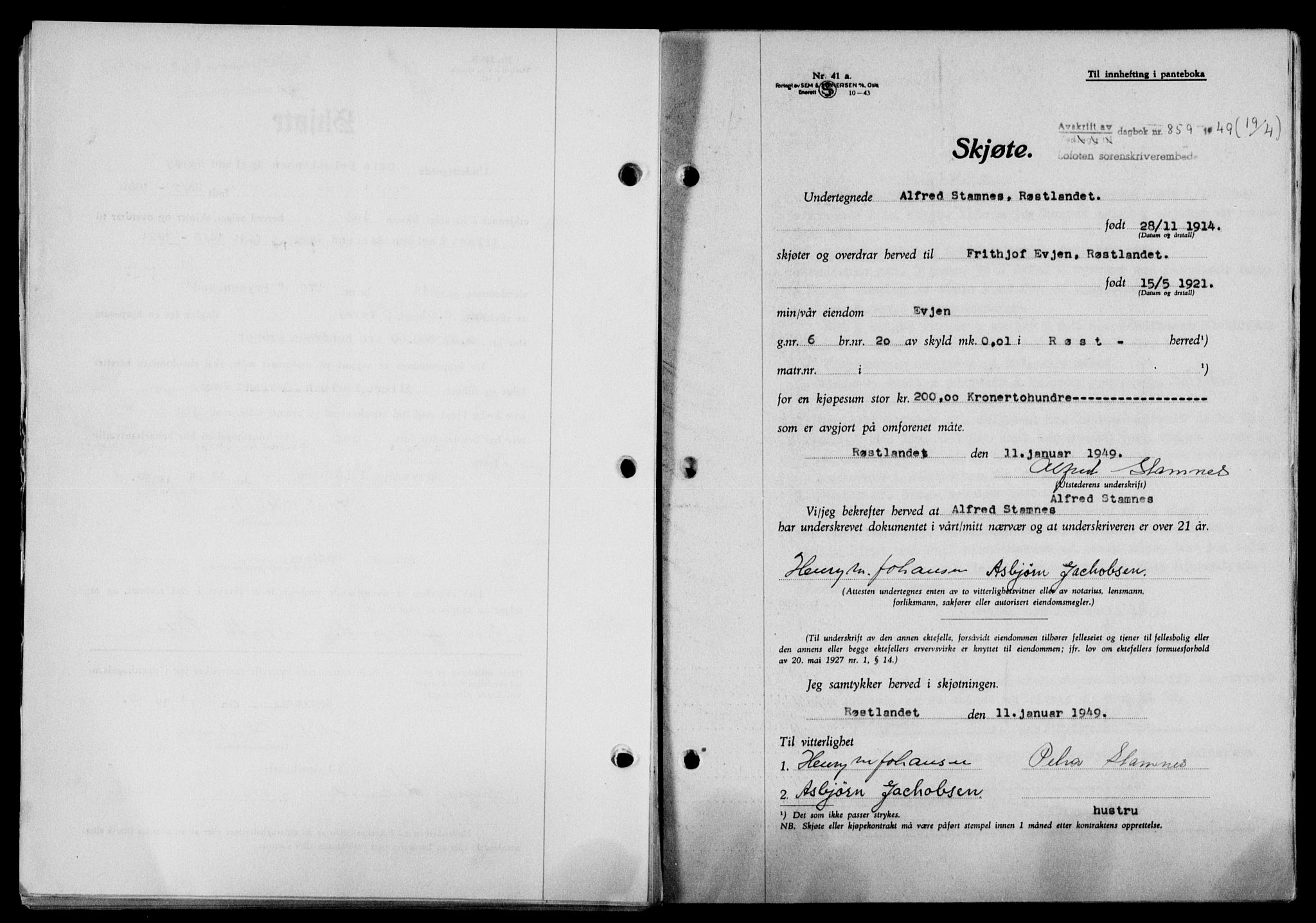 Lofoten sorenskriveri, SAT/A-0017/1/2/2C/L0020a: Mortgage book no. 20a, 1948-1949, Diary no: : 859/1949