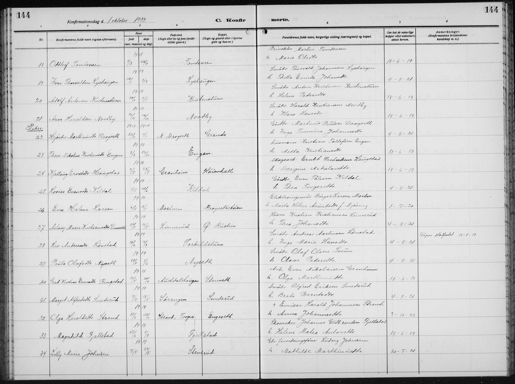 Biri prestekontor, SAH/PREST-096/H/Ha/Hab/L0007: Parish register (copy) no. 7, 1919-1941, p. 144