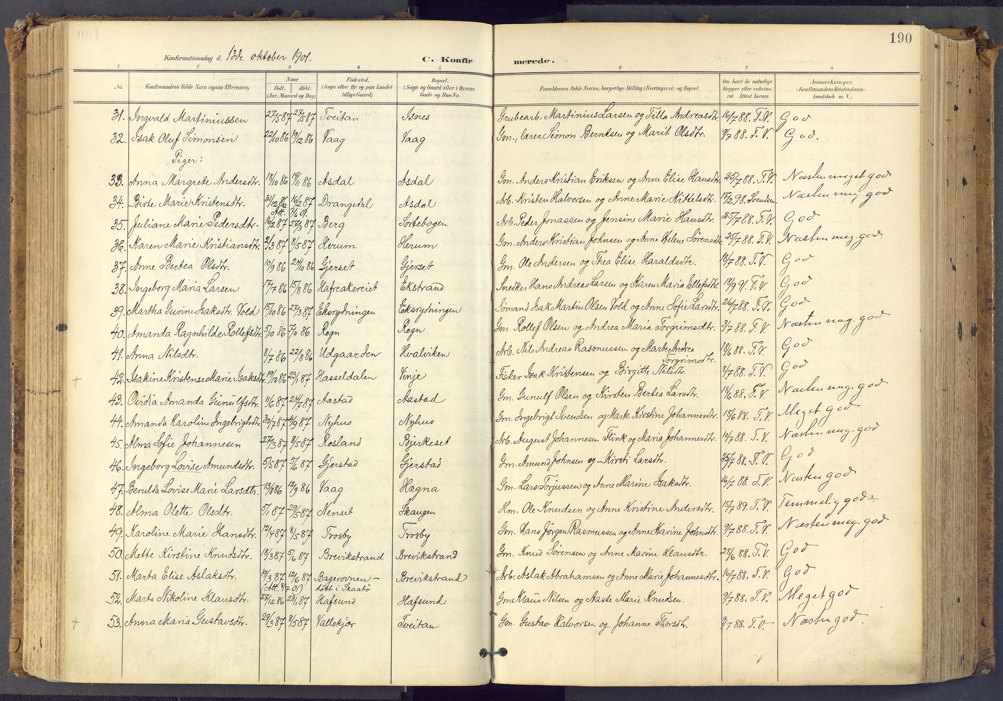 Bamble kirkebøker, SAKO/A-253/F/Fa/L0009: Parish register (official) no. I 9, 1901-1917, p. 190