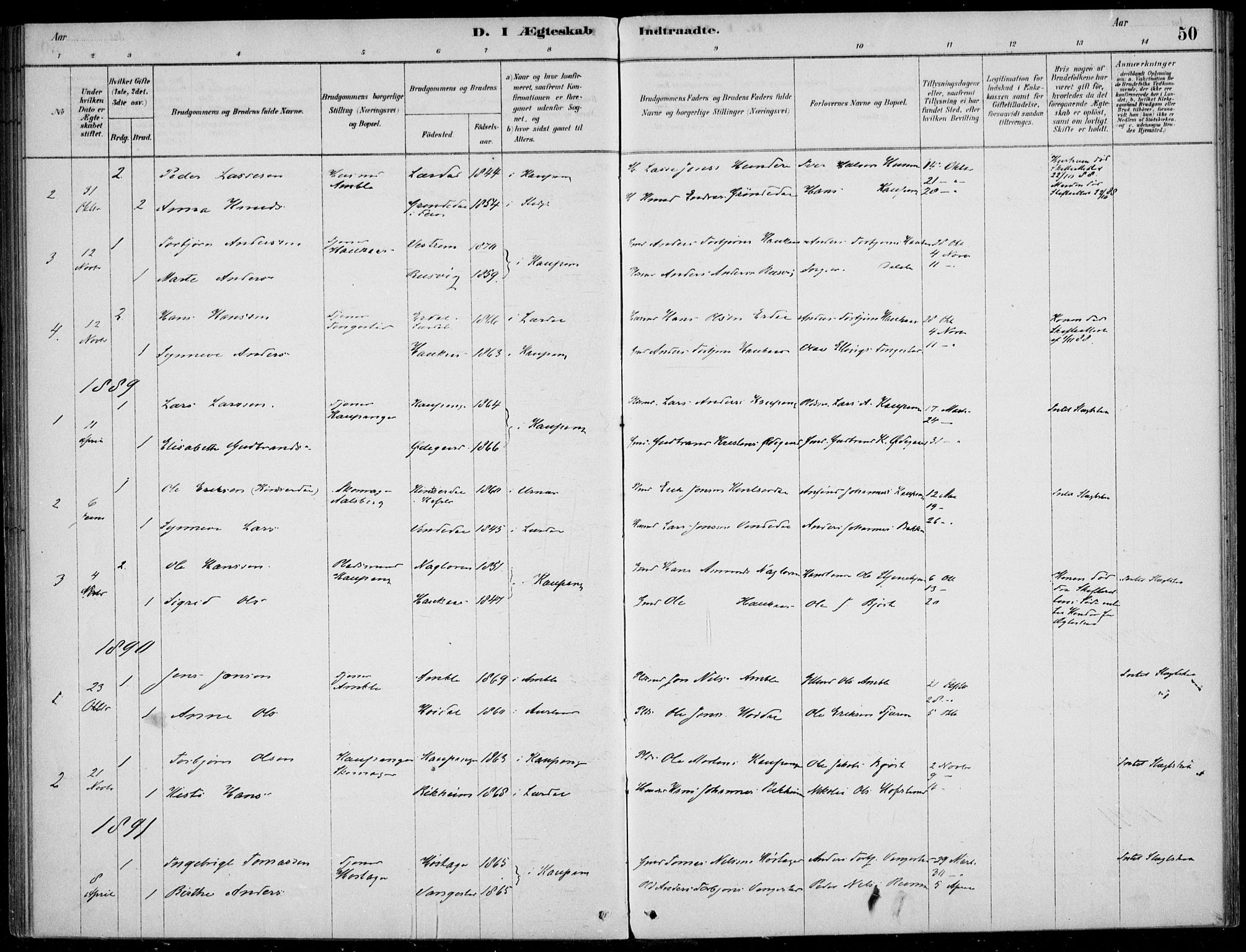 Sogndal sokneprestembete, AV/SAB-A-81301/H/Haa/Haad/L0001: Parish register (official) no. D  1, 1878-1907, p. 50