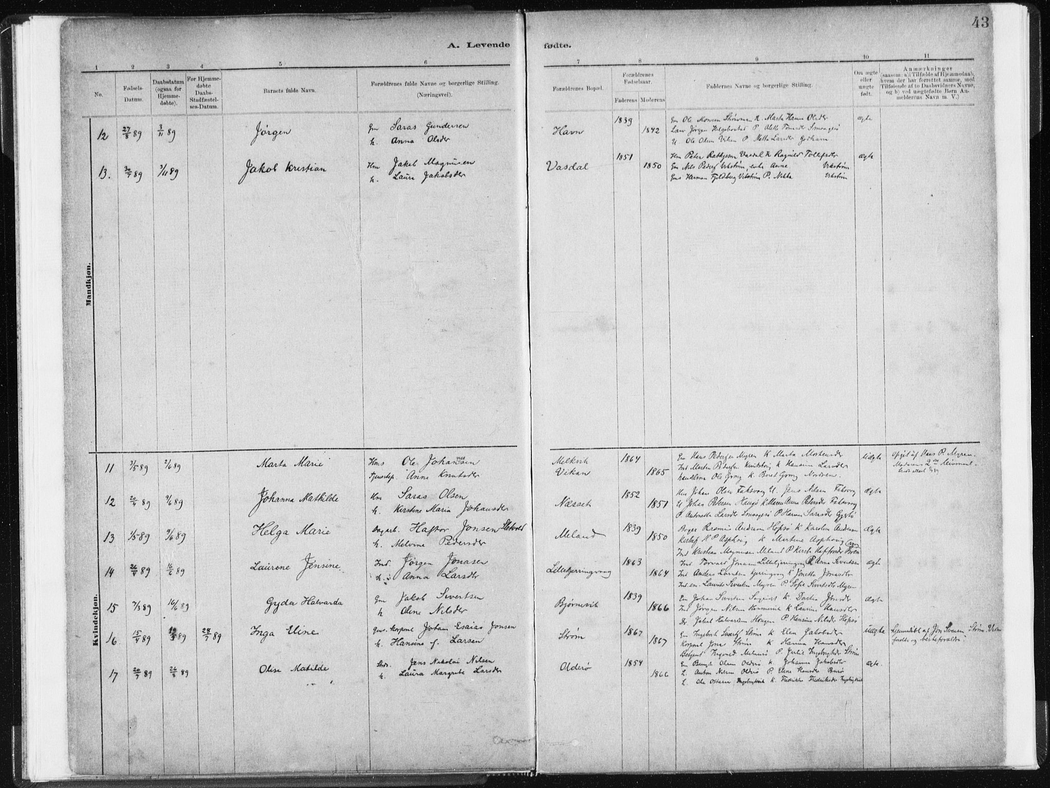 Ministerialprotokoller, klokkerbøker og fødselsregistre - Sør-Trøndelag, AV/SAT-A-1456/634/L0533: Parish register (official) no. 634A09, 1882-1901, p. 43