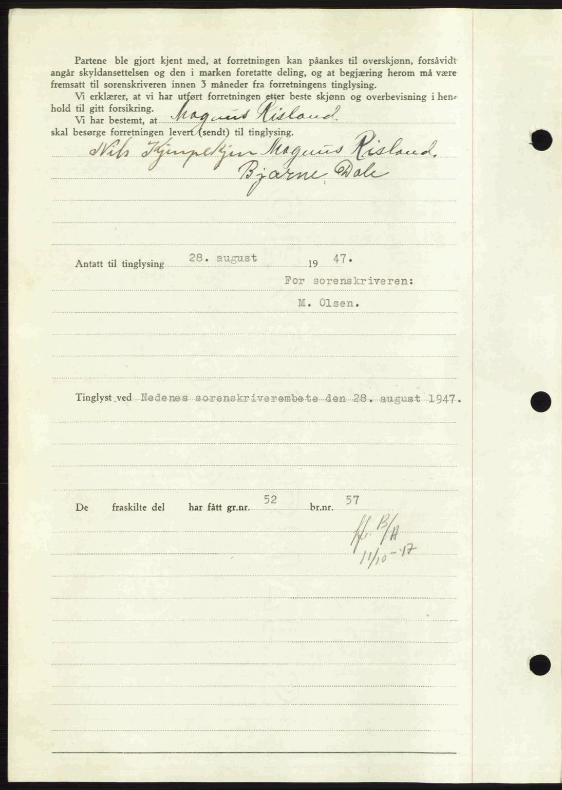 Nedenes sorenskriveri, AV/SAK-1221-0006/G/Gb/Gba/L0057: Mortgage book no. A9, 1947-1947, Diary no: : 1239/1947