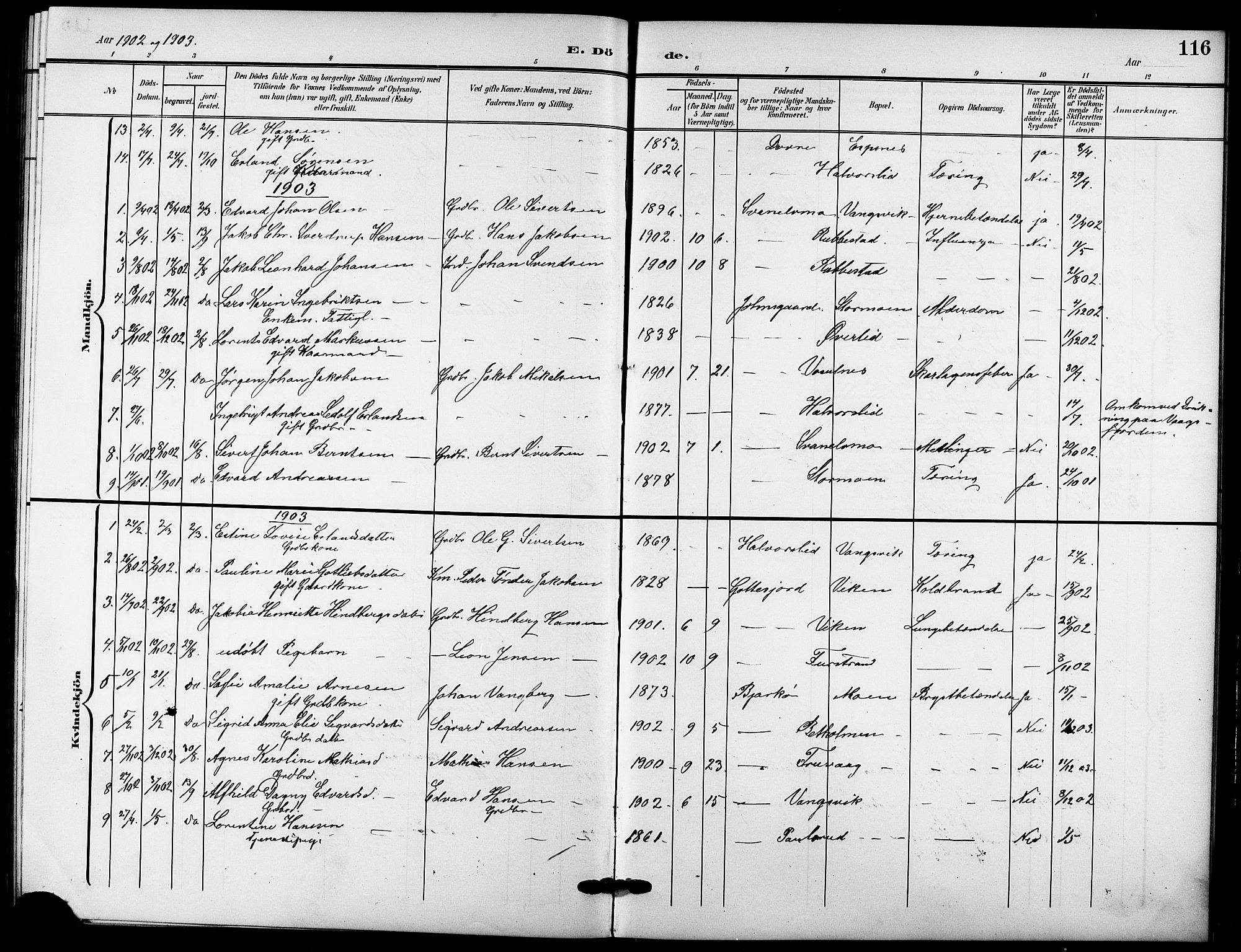 Tranøy sokneprestkontor, SATØ/S-1313/I/Ia/Iab/L0005klokker: Parish register (copy) no. 5, 1902-1919, p. 116