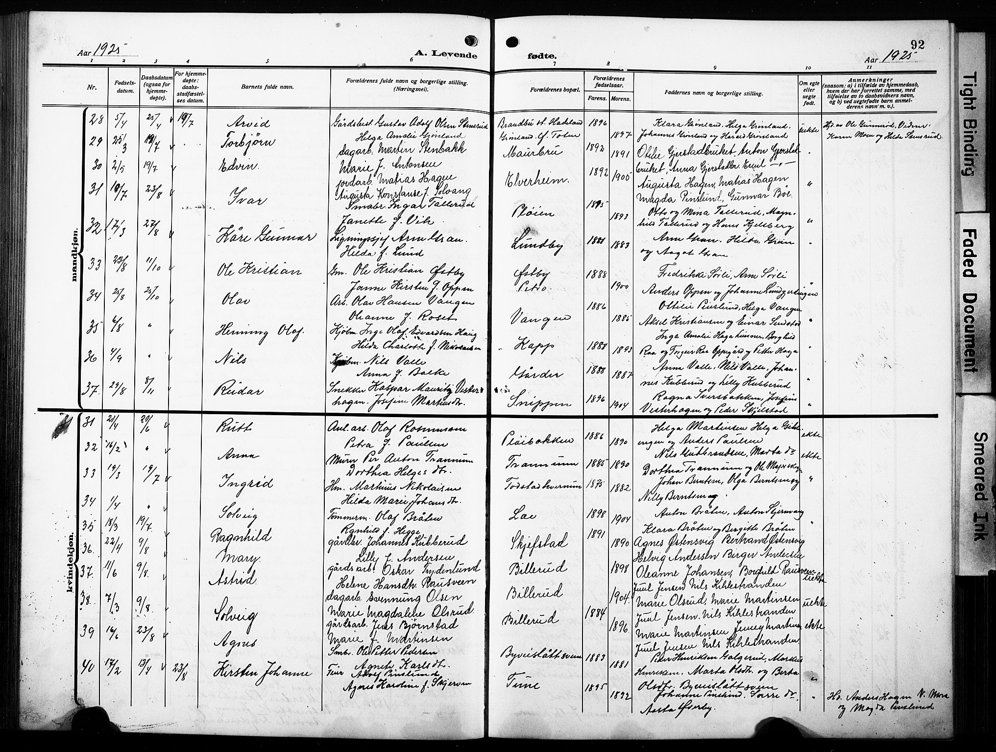 Østre Toten prestekontor, AV/SAH-PREST-104/H/Ha/Hab/L0010: Parish register (copy) no. 10, 1912-1933, p. 92