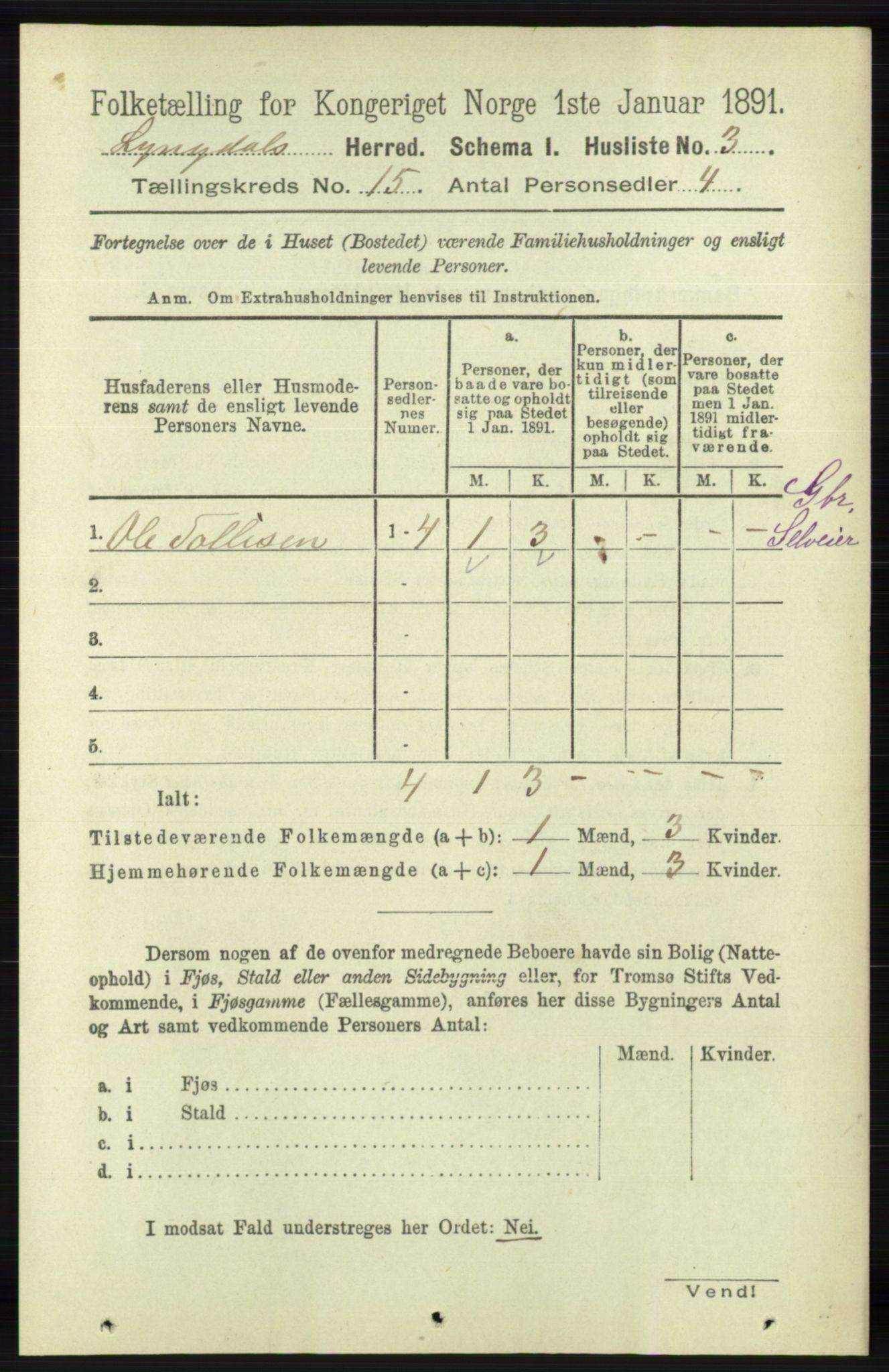 RA, 1891 census for 1032 Lyngdal, 1891, p. 6023