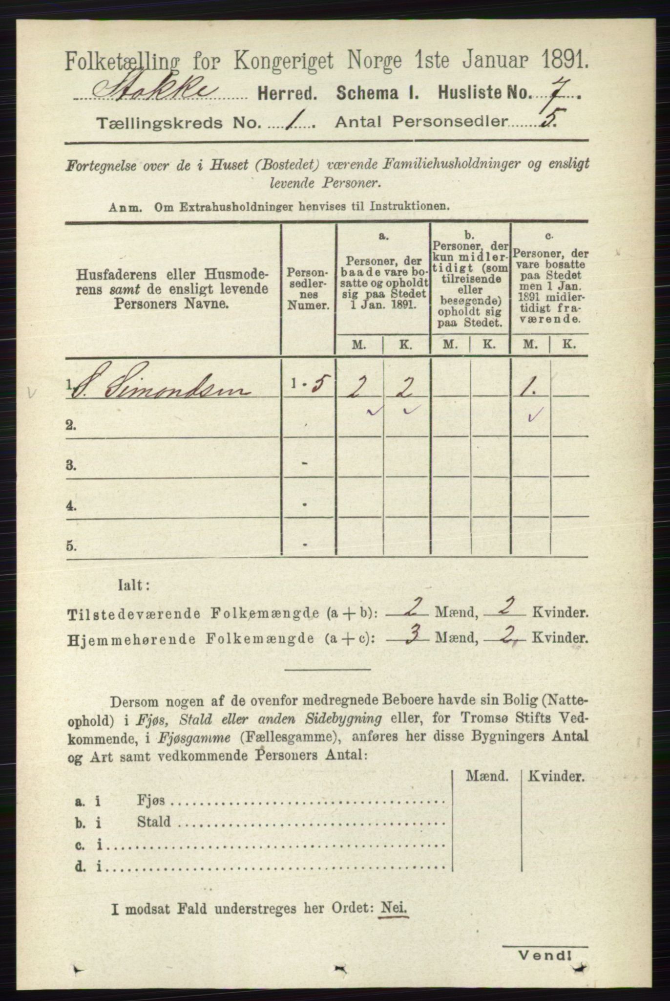 RA, 1891 census for 0720 Stokke, 1891, p. 45