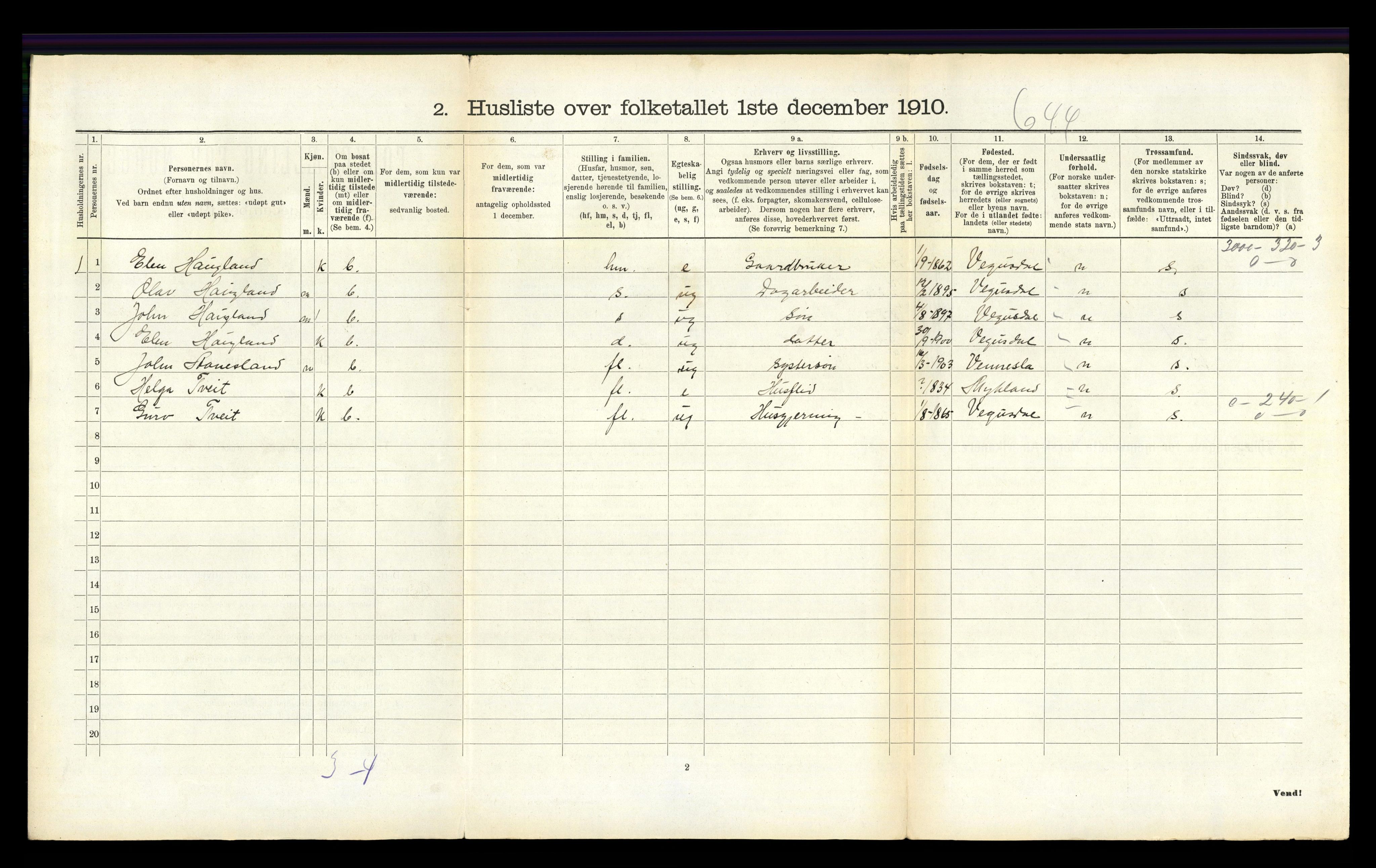 RA, 1910 census for Iveland, 1910, p. 218