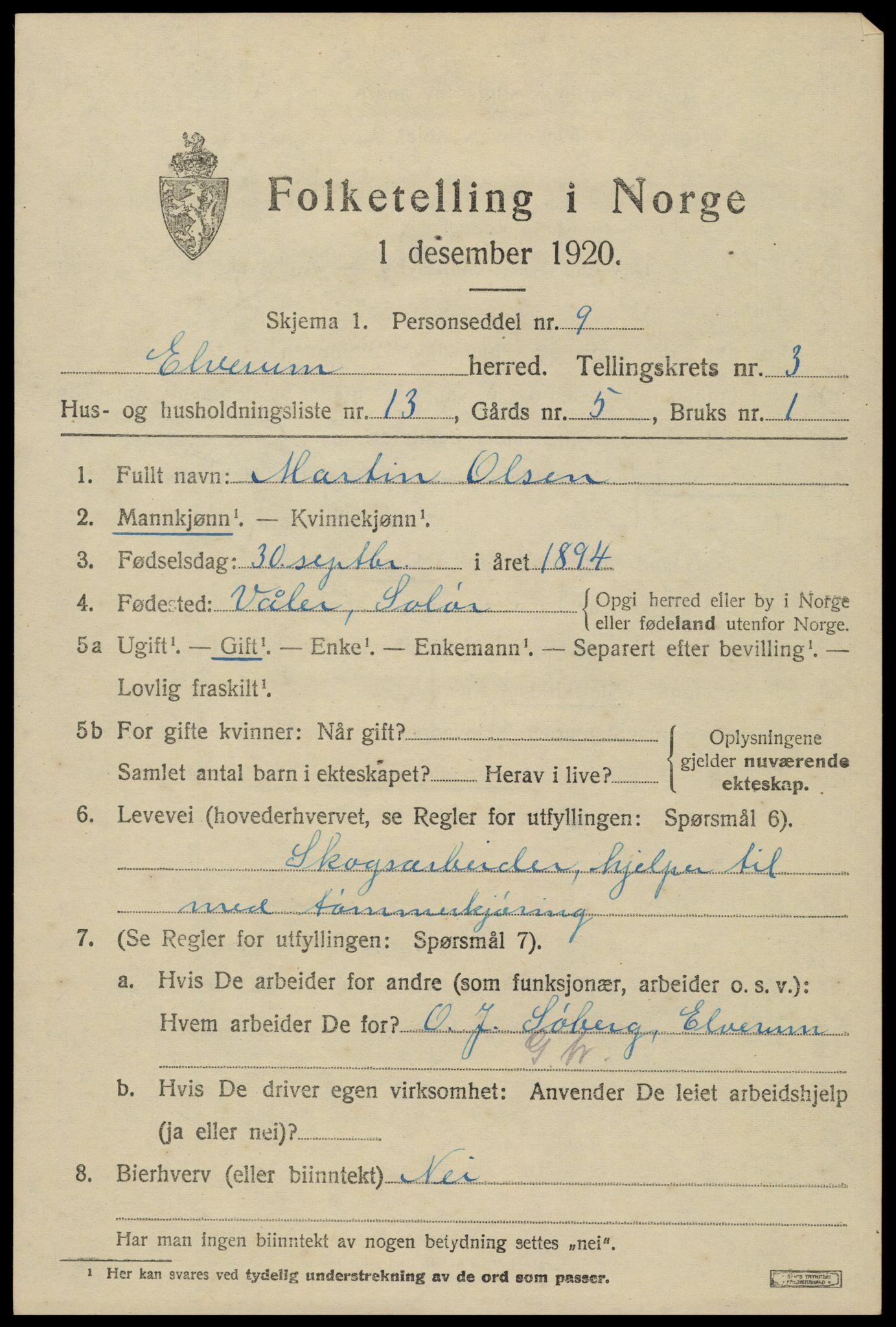 SAH, 1920 census for Elverum, 1920, p. 6142