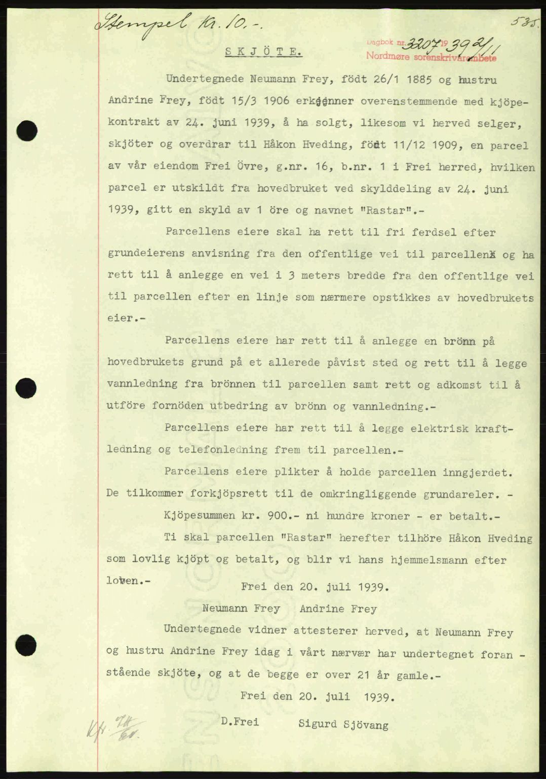 Nordmøre sorenskriveri, AV/SAT-A-4132/1/2/2Ca: Mortgage book no. A87, 1939-1940, Diary no: : 3207/1939