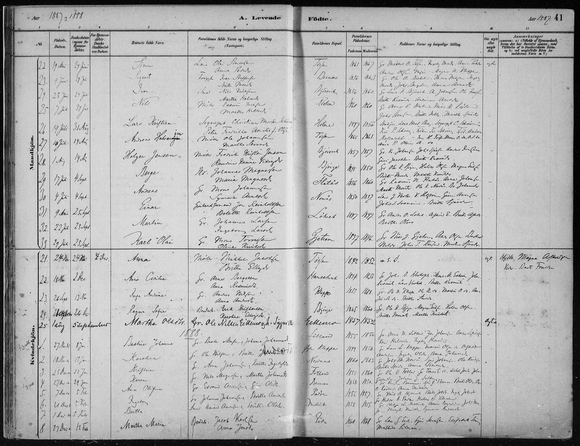 Hosanger sokneprestembete, AV/SAB-A-75801/H/Haa: Parish register (official) no. B  1, 1880-1896, p. 41