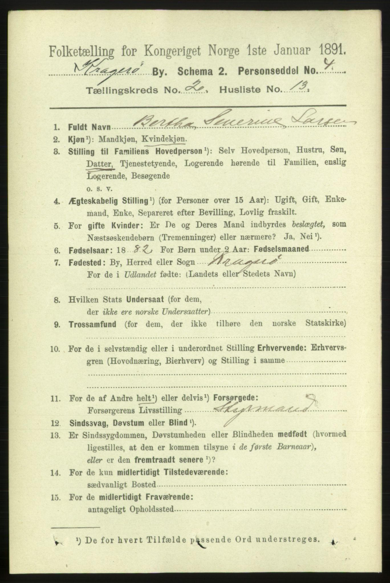 RA, 1891 census for 0801 Kragerø, 1891, p. 4698