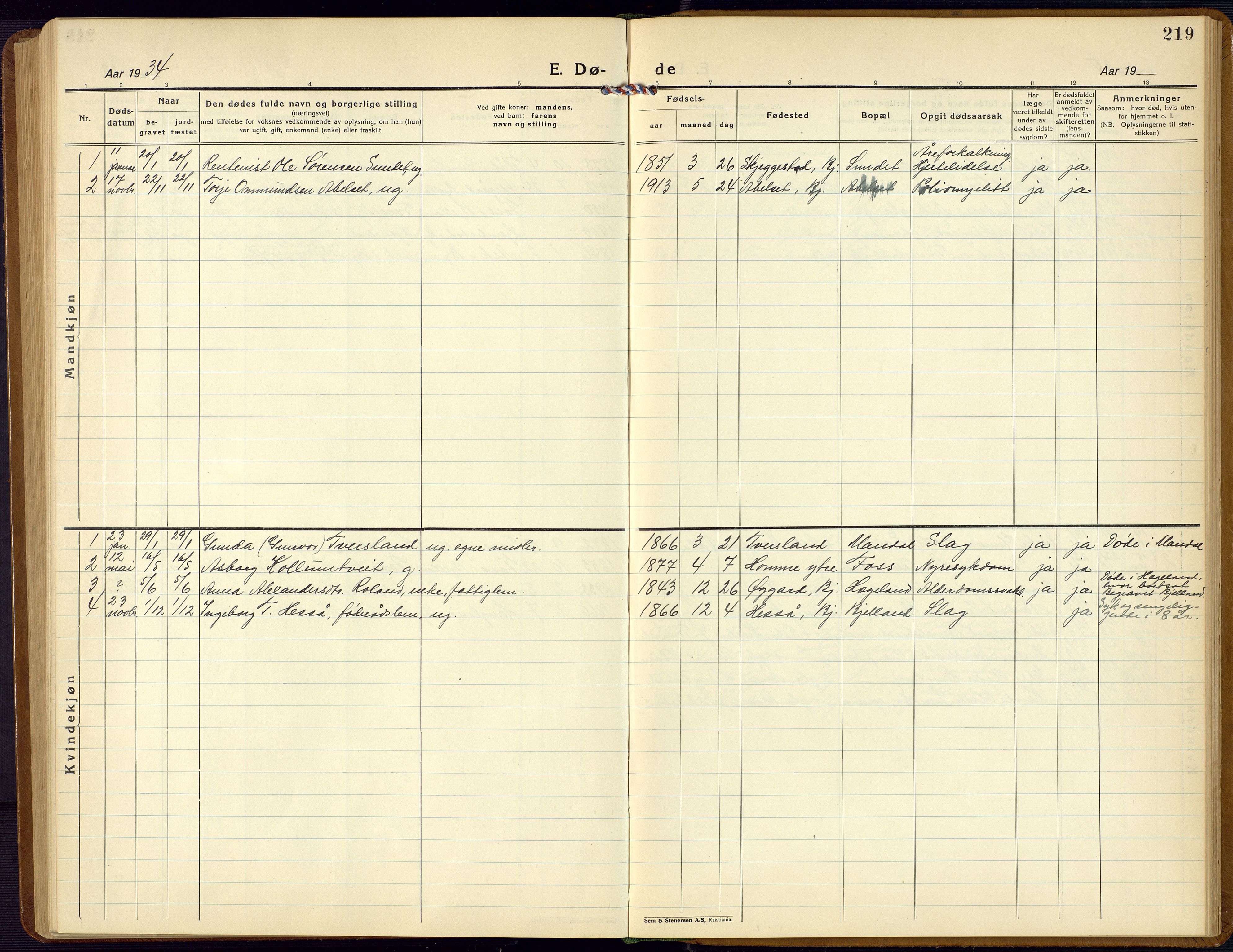 Bjelland sokneprestkontor, SAK/1111-0005/F/Fb/Fba/L0006: Parish register (copy) no. B 6, 1923-1956, p. 219