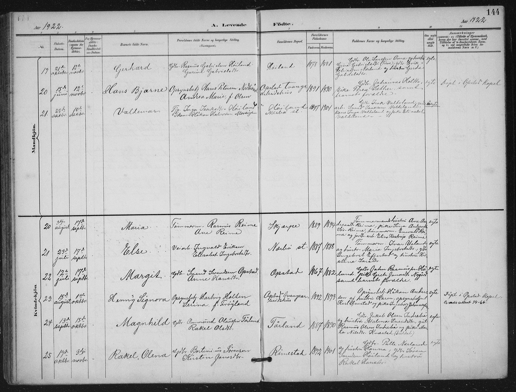 Hå sokneprestkontor, AV/SAST-A-101801/002/B/L0001: Parish register (official) no. A 11, 1897-1924, p. 144