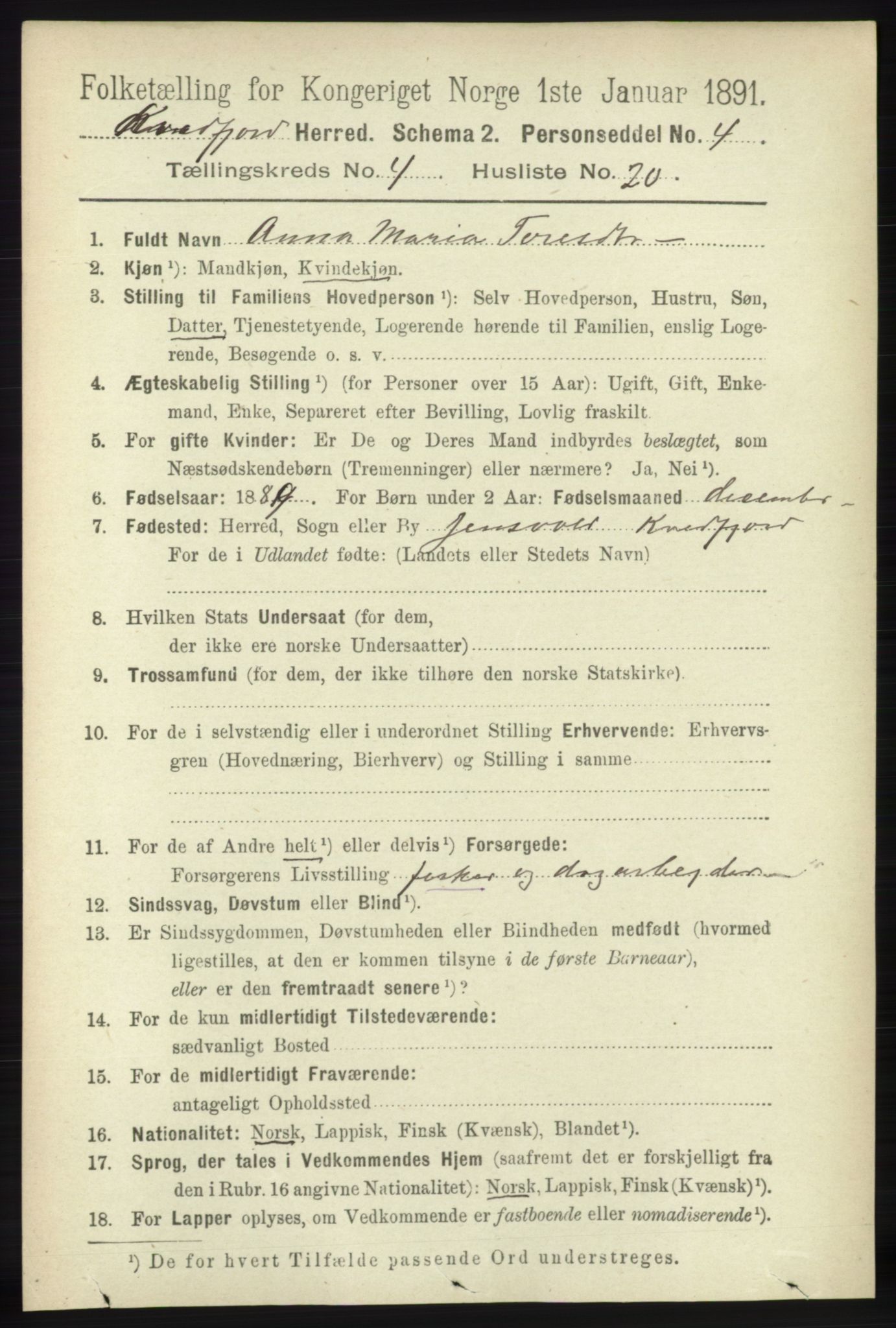 RA, 1891 census for 1911 Kvæfjord, 1891, p. 2009