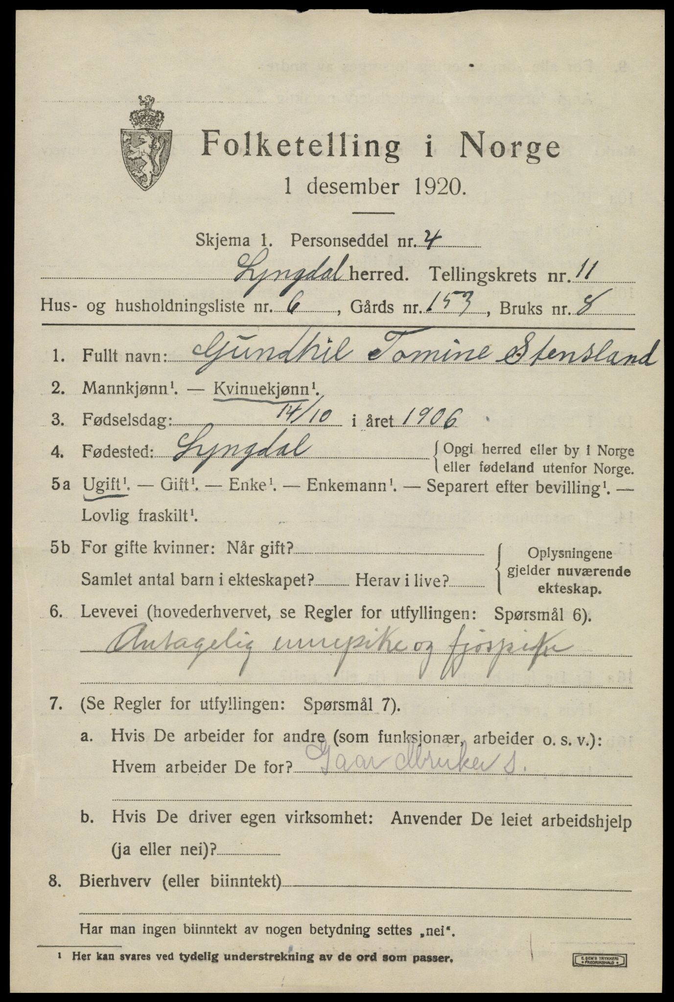 SAK, 1920 census for Lyngdal, 1920, p. 5343