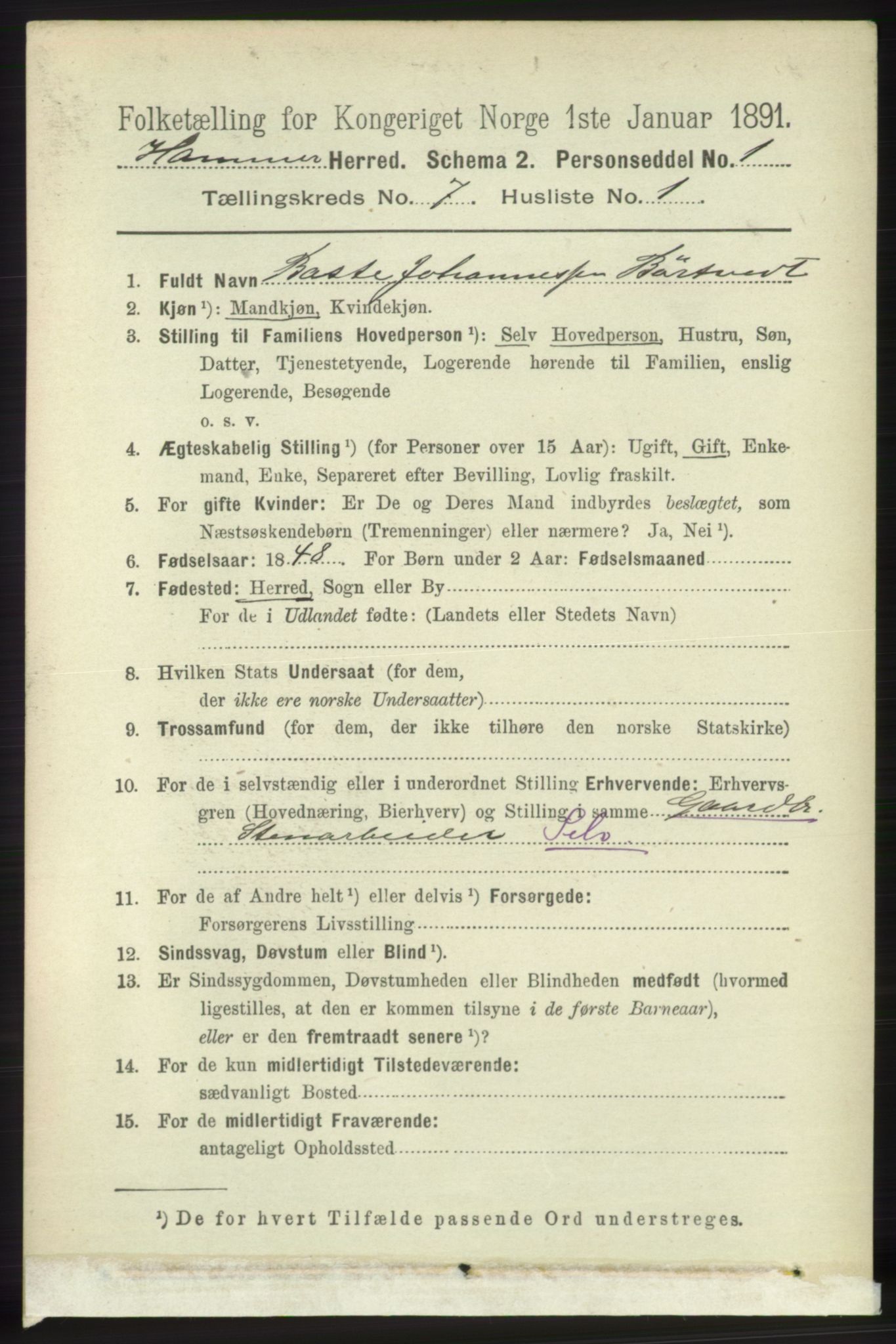 RA, 1891 census for 1254 Hamre, 1891, p. 1697