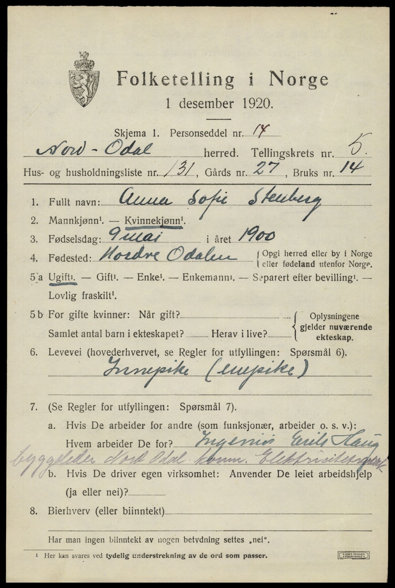 SAH, 1920 census for Nord-Odal, 1920, p. 6567