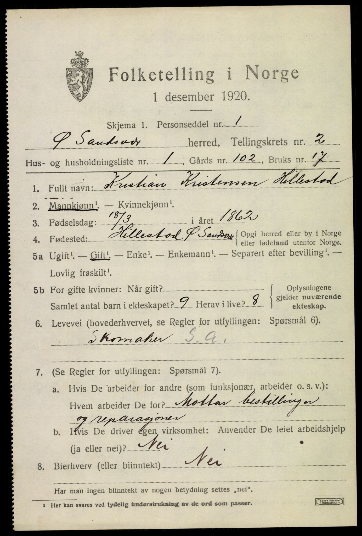 SAKO, 1920 census for Øvre Sandsvær, 1920, p. 1596