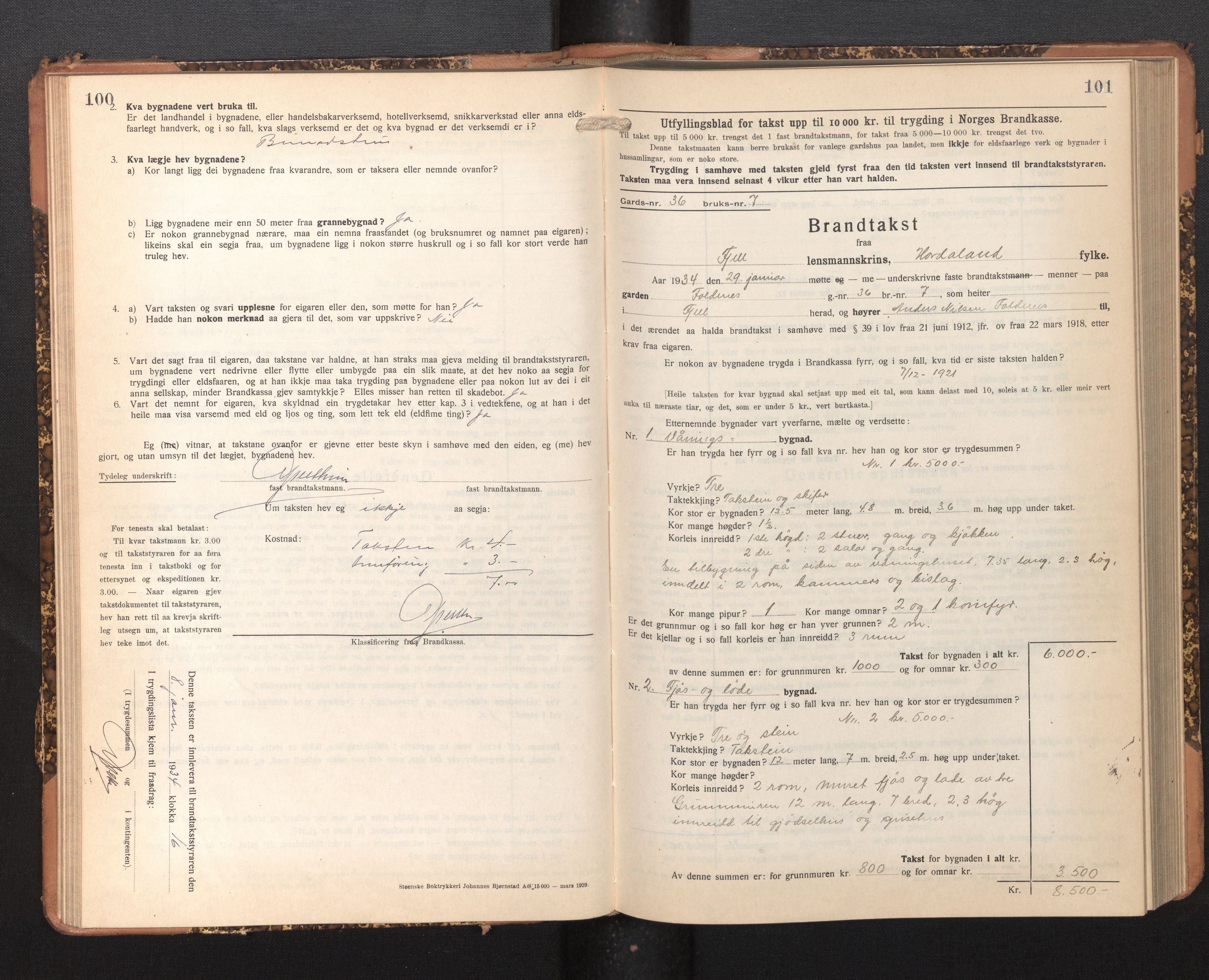 Lensmannen i Fjell, SAB/A-32301/0012/L0006: Branntakstprotokoll, skjematakst, 1931-1945, p. 100-101