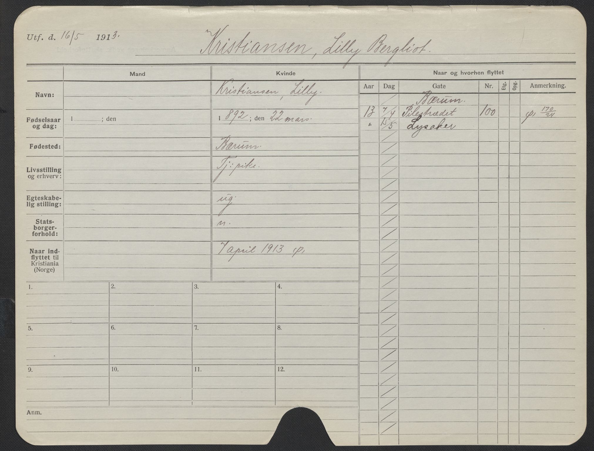 Oslo folkeregister, Registerkort, AV/SAO-A-11715/F/Fa/Fac/L0019: Kvinner, 1906-1914, p. 375a