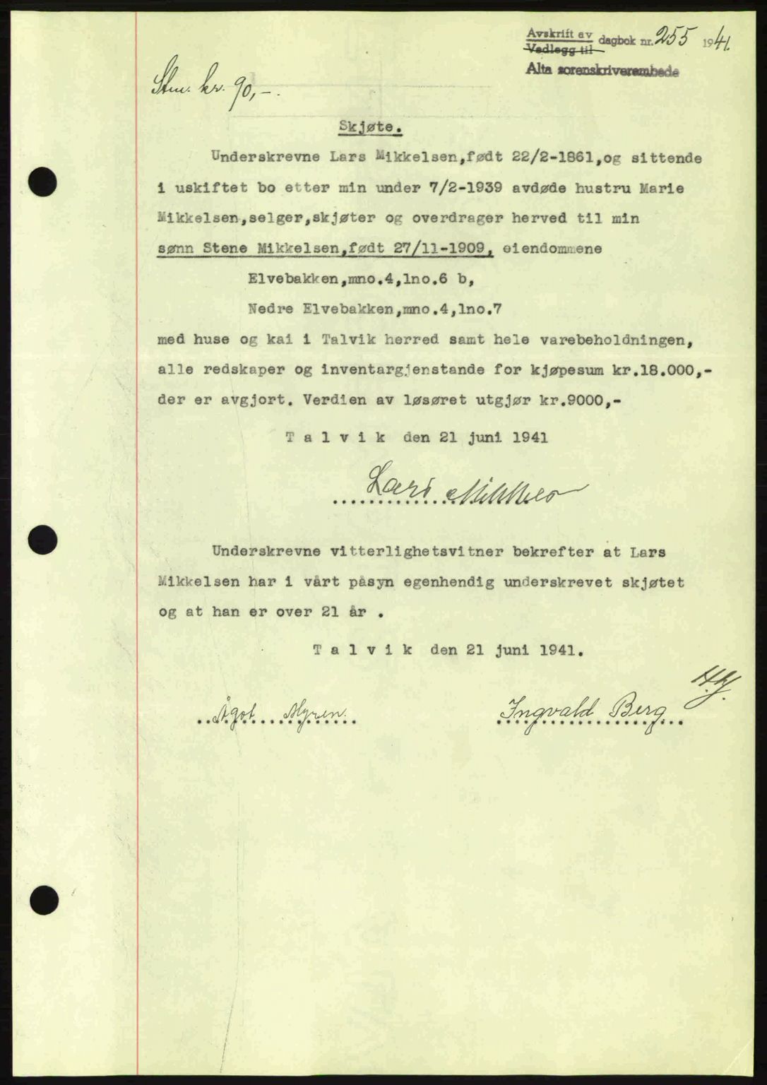 Alta fogderi/sorenskriveri, SATØ/SATØ-5/1/K/Kd/L0033pantebok: Mortgage book no. 33, 1940-1943, Diary no: : 255/1941