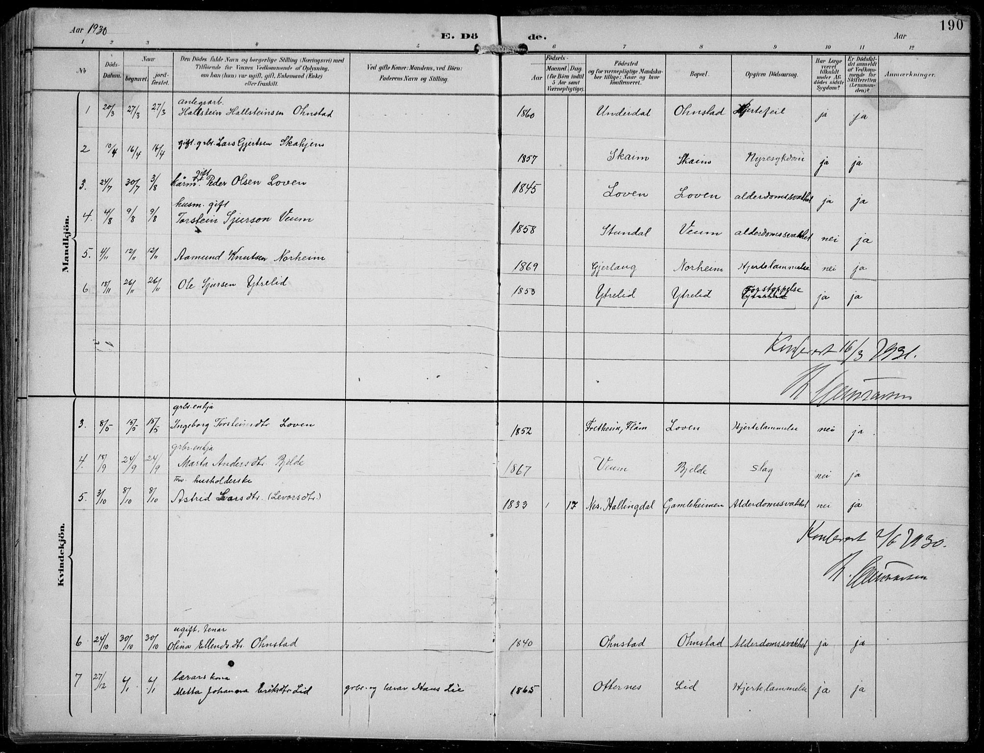 Aurland sokneprestembete, SAB/A-99937/H/Hb/Hba/L0003: Parish register (copy) no. A 3, 1896-1939, p. 190