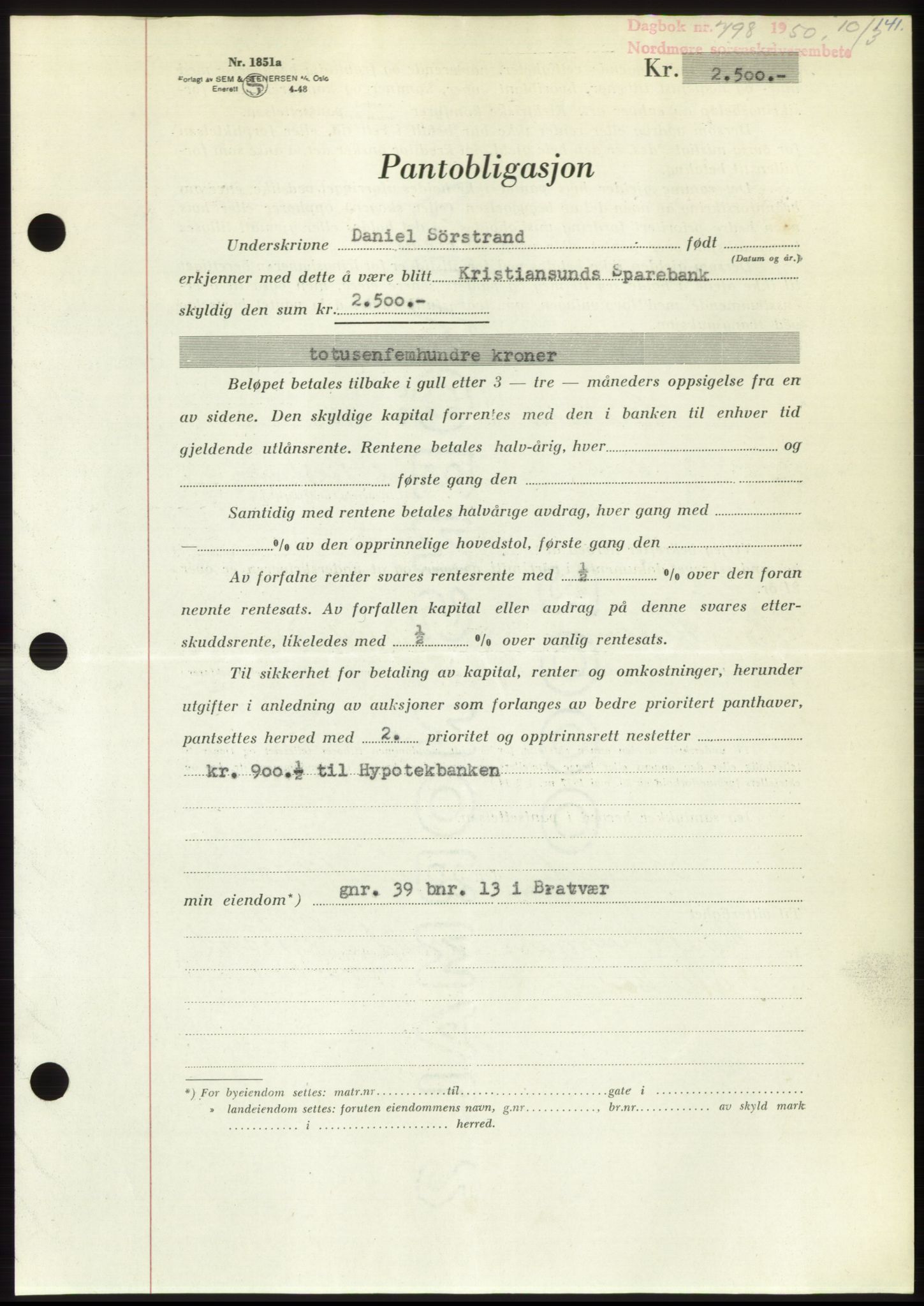 Nordmøre sorenskriveri, AV/SAT-A-4132/1/2/2Ca: Mortgage book no. B104, 1950-1950, Diary no: : 798/1950