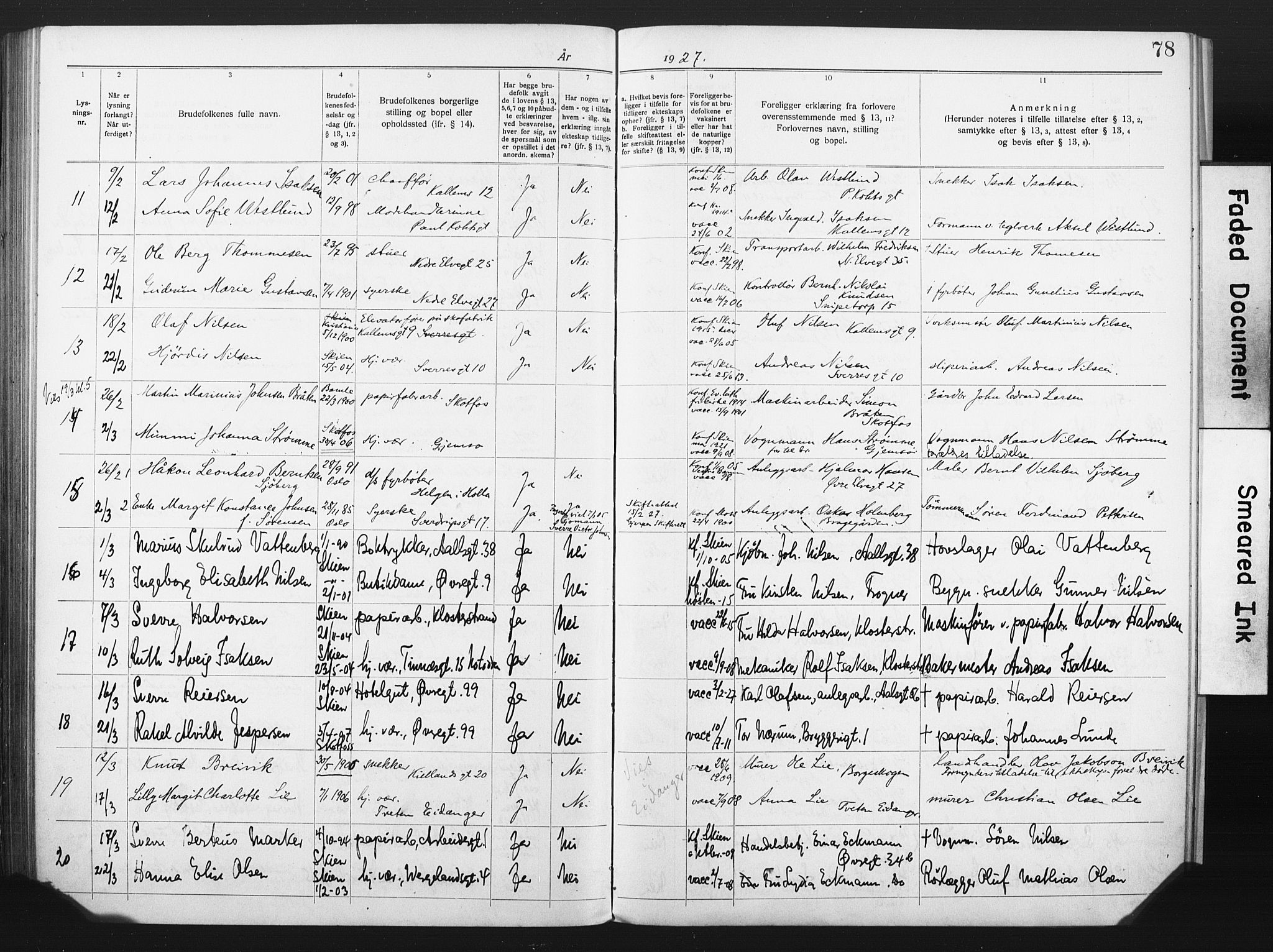 Skien kirkebøker, SAKO/A-302/H/Ha/L0001: Banns register no. 1, 1919-1929, p. 78
