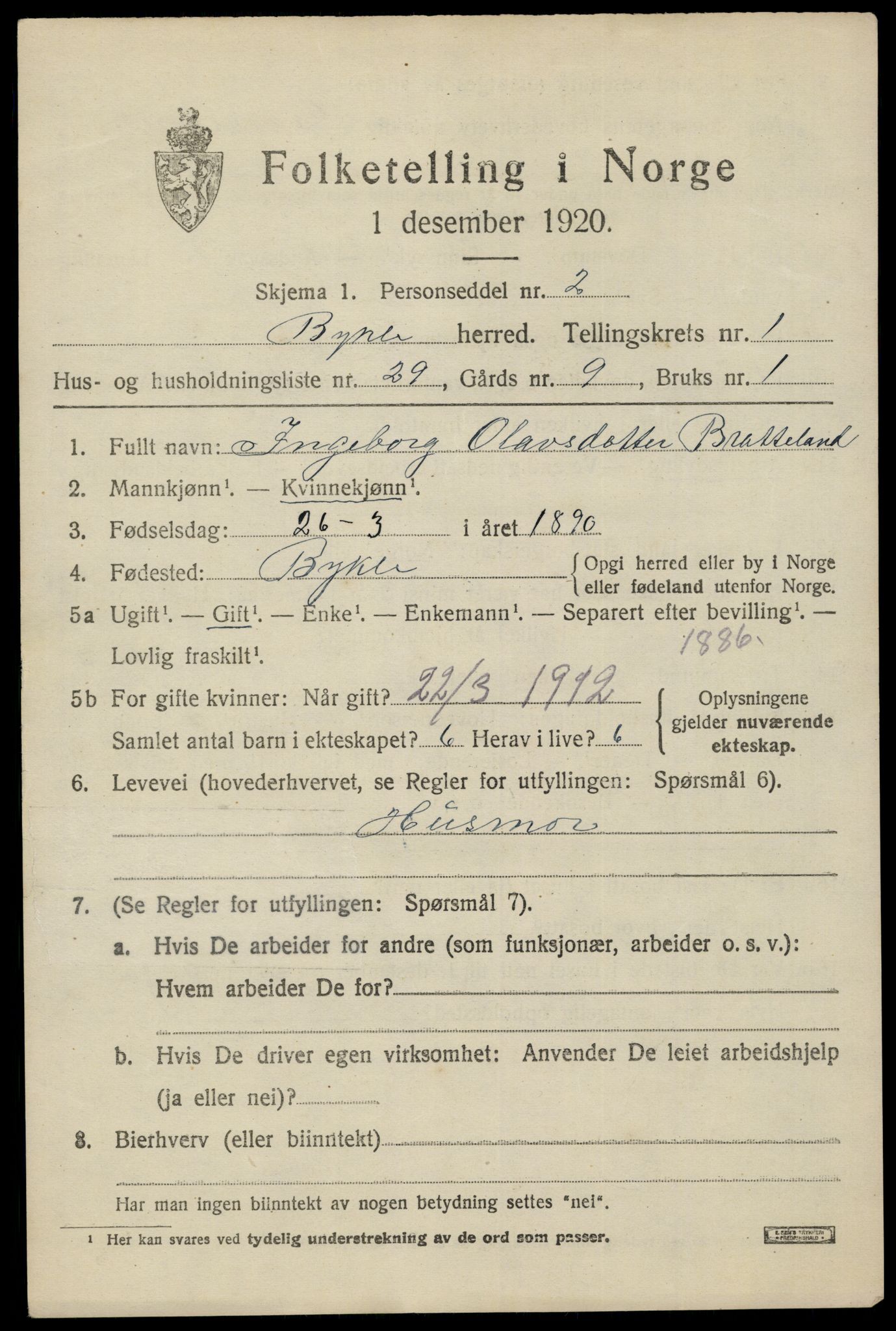 SAK, 1920 census for Bykle, 1920, p. 569