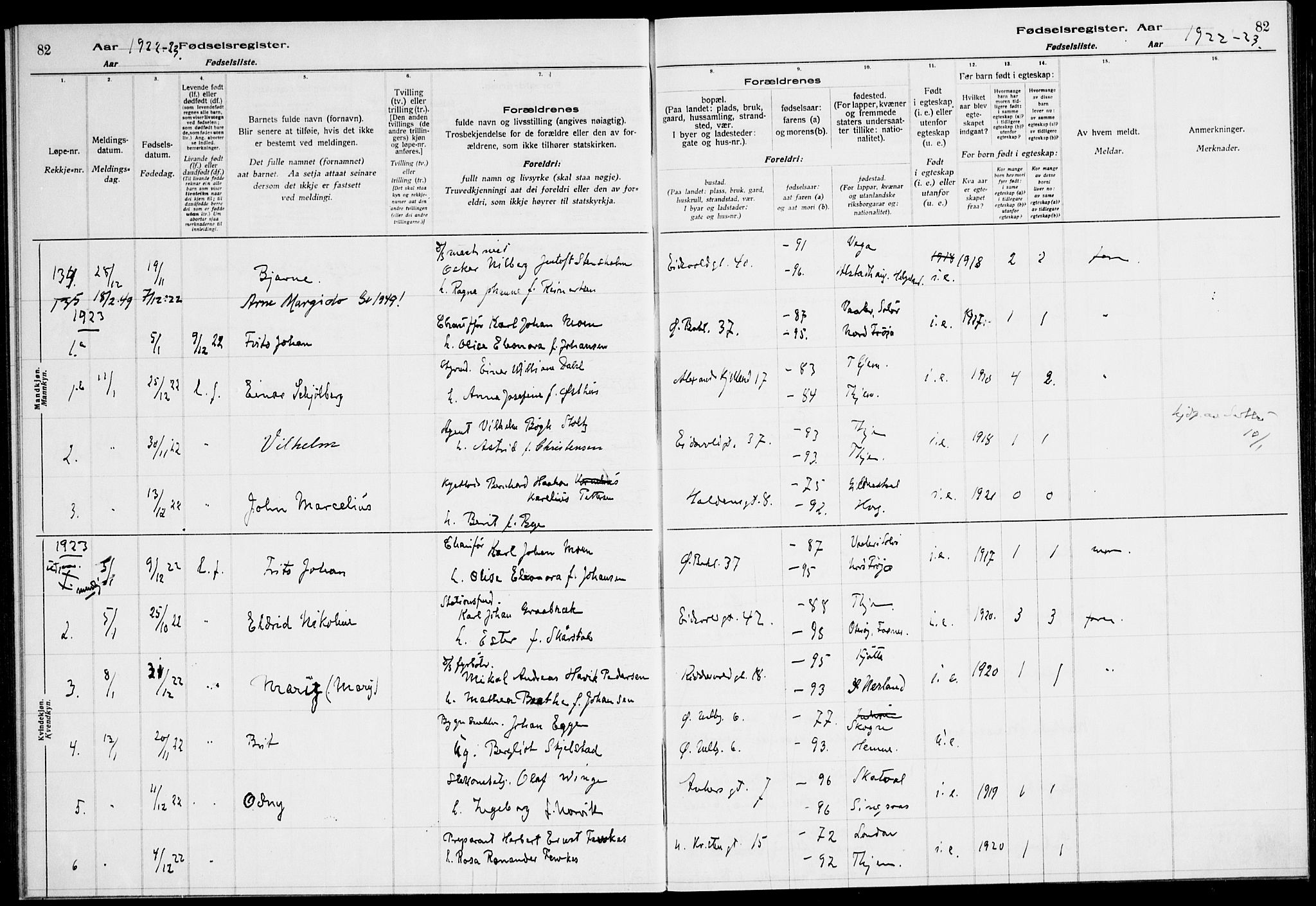 Ministerialprotokoller, klokkerbøker og fødselsregistre - Sør-Trøndelag, SAT/A-1456/604/L0233: Birth register no. 604.II.4.2, 1920-1928, p. 82