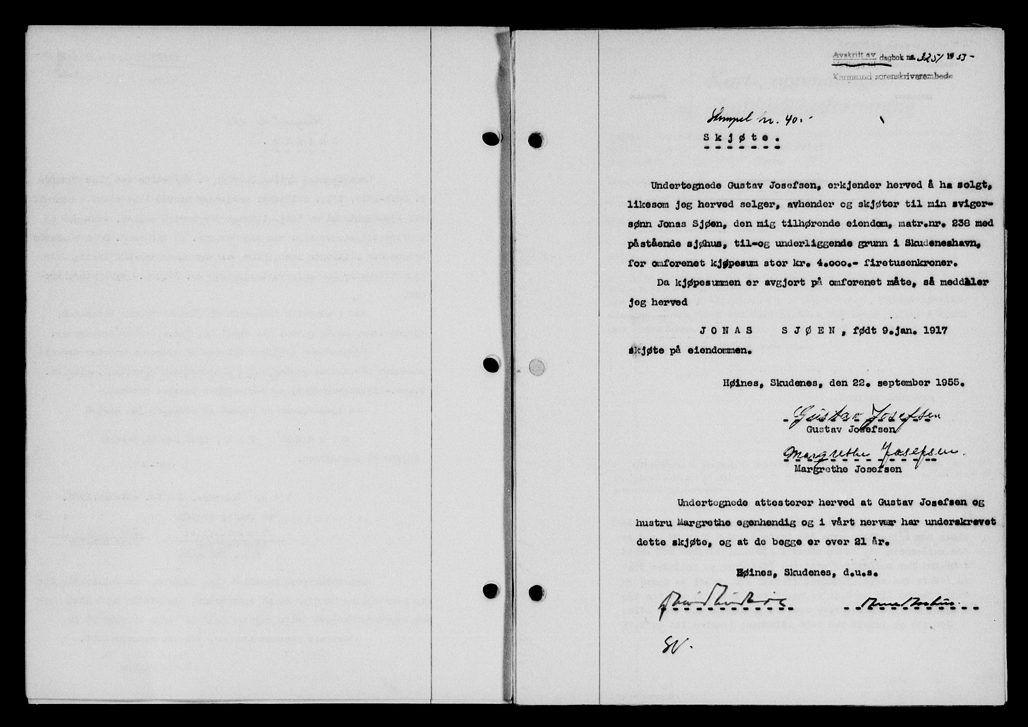 Karmsund sorenskriveri, SAST/A-100311/01/II/IIB/L0117: Mortgage book no. 97Aa, 1955-1955, Diary no: : 3251/1955