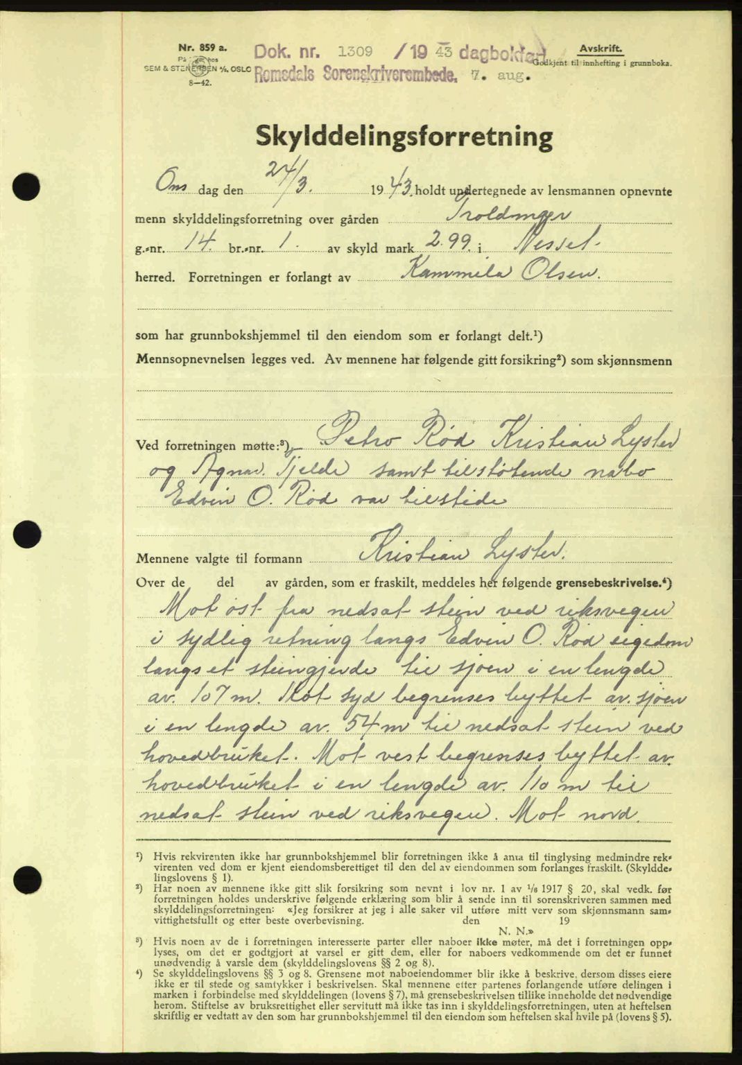 Romsdal sorenskriveri, AV/SAT-A-4149/1/2/2C: Mortgage book no. A14, 1943-1943, Diary no: : 1309/1943