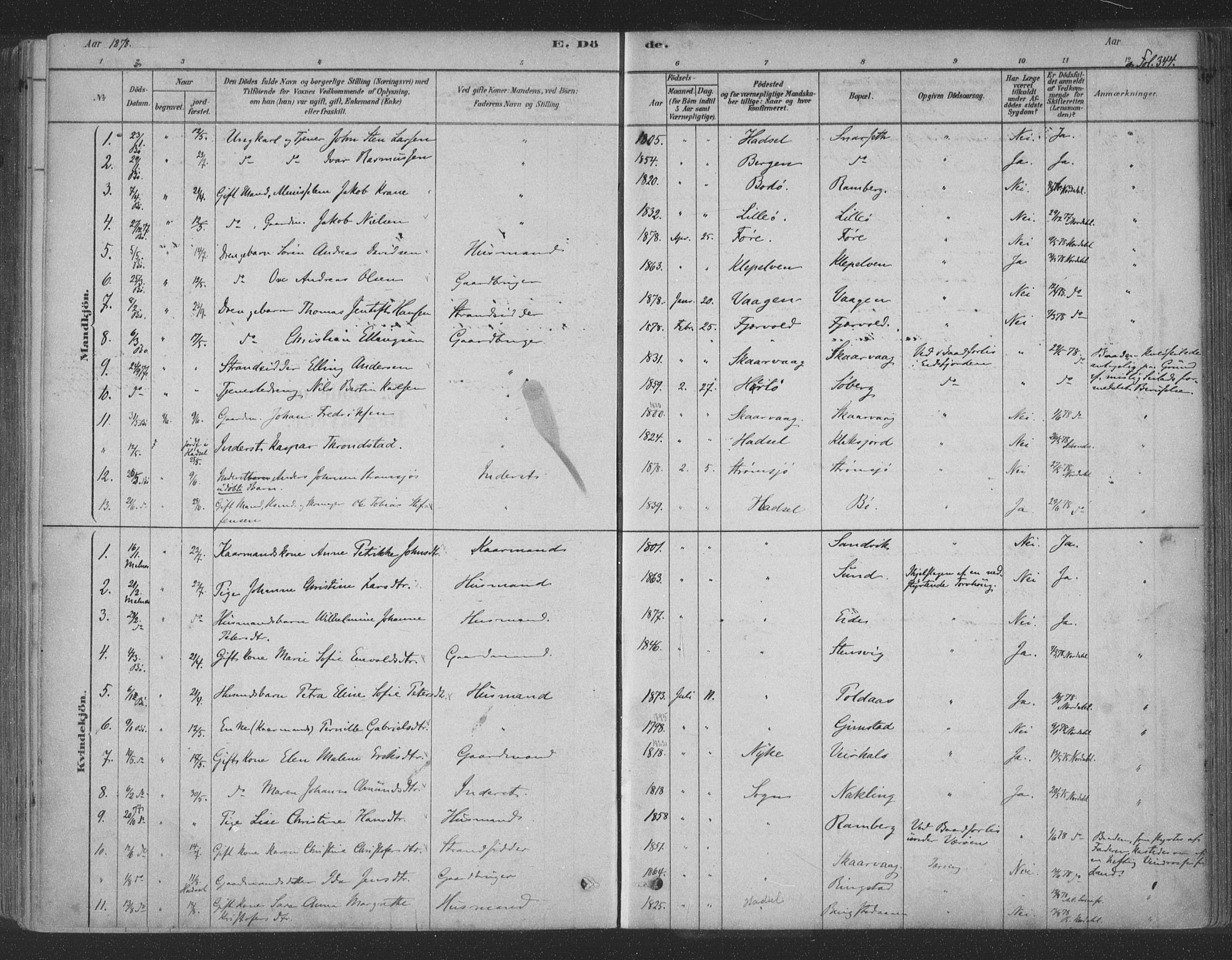 Ministerialprotokoller, klokkerbøker og fødselsregistre - Nordland, AV/SAT-A-1459/891/L1302: Parish register (official) no. 891A07, 1878-1895, p. 344