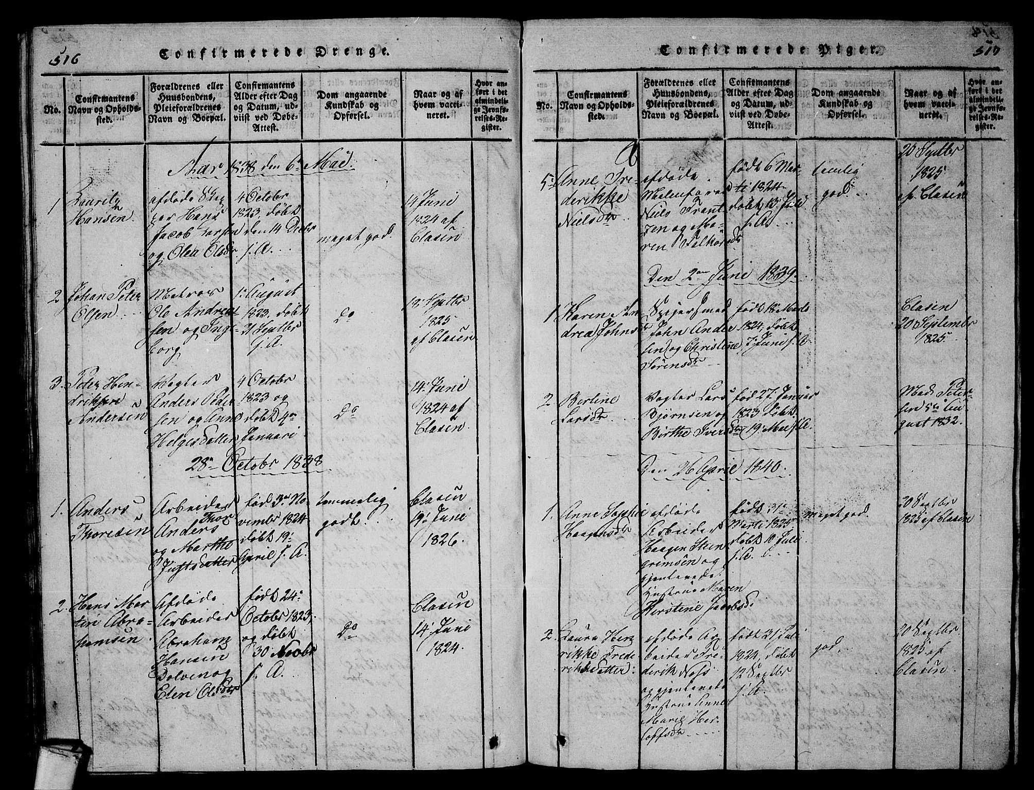 Larvik kirkebøker, AV/SAKO-A-352/G/Gb/L0001: Parish register (copy) no. II 1, 1818-1843, p. 516-517