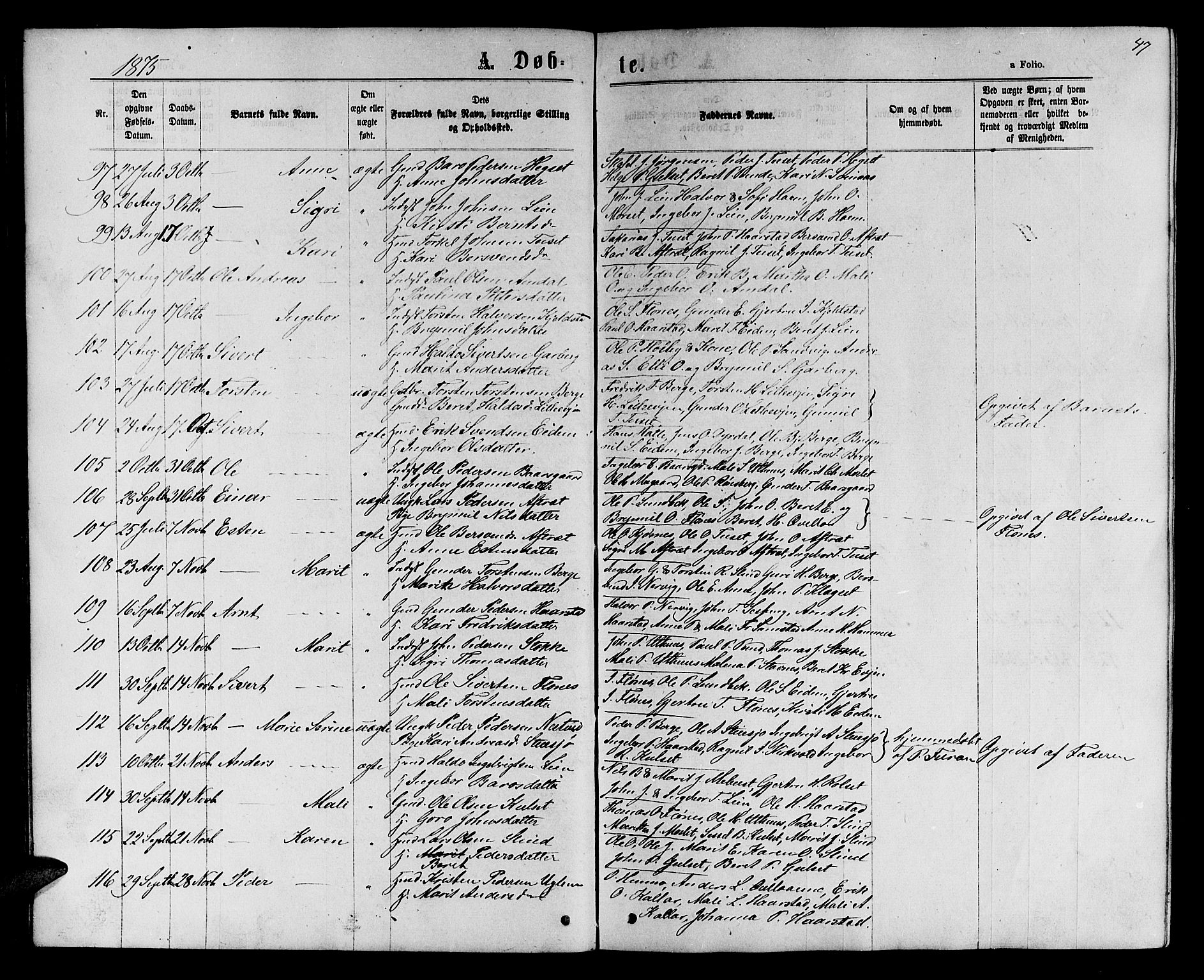 Ministerialprotokoller, klokkerbøker og fødselsregistre - Sør-Trøndelag, AV/SAT-A-1456/695/L1156: Parish register (copy) no. 695C07, 1869-1888, p. 47