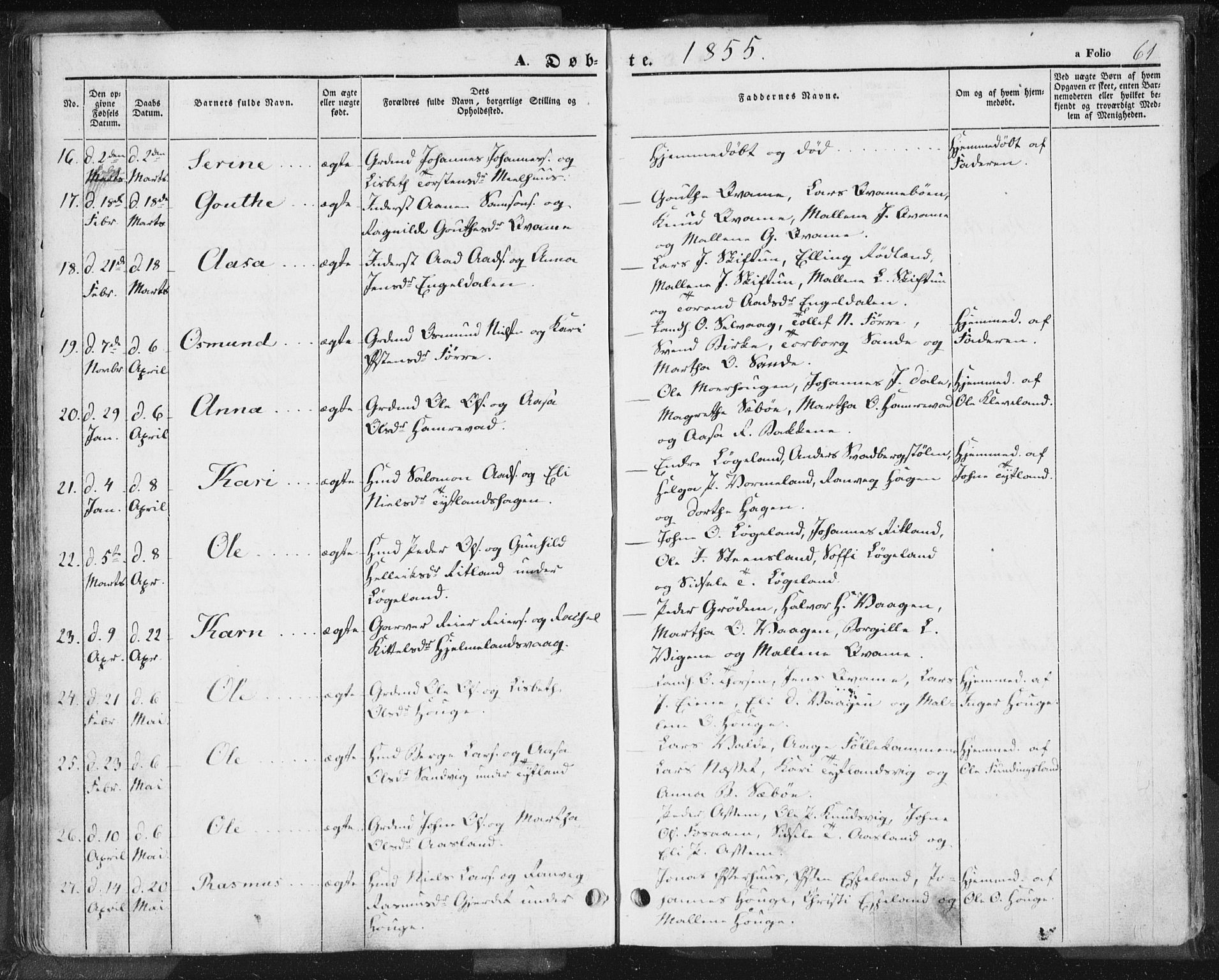 Hjelmeland sokneprestkontor, AV/SAST-A-101843/01/IV/L0009: Parish register (official) no. A 9, 1846-1860, p. 61