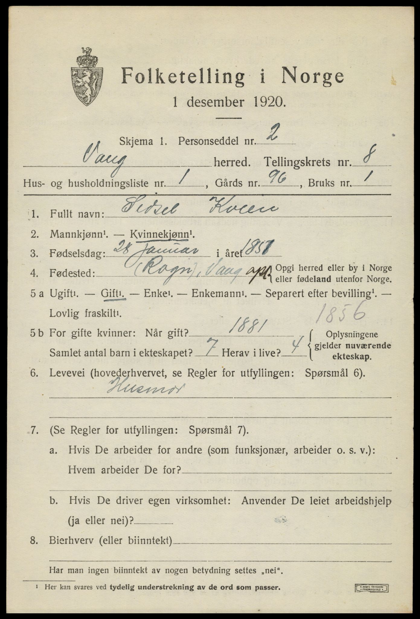 SAH, 1920 census for Vang (Oppland), 1920, p. 3391