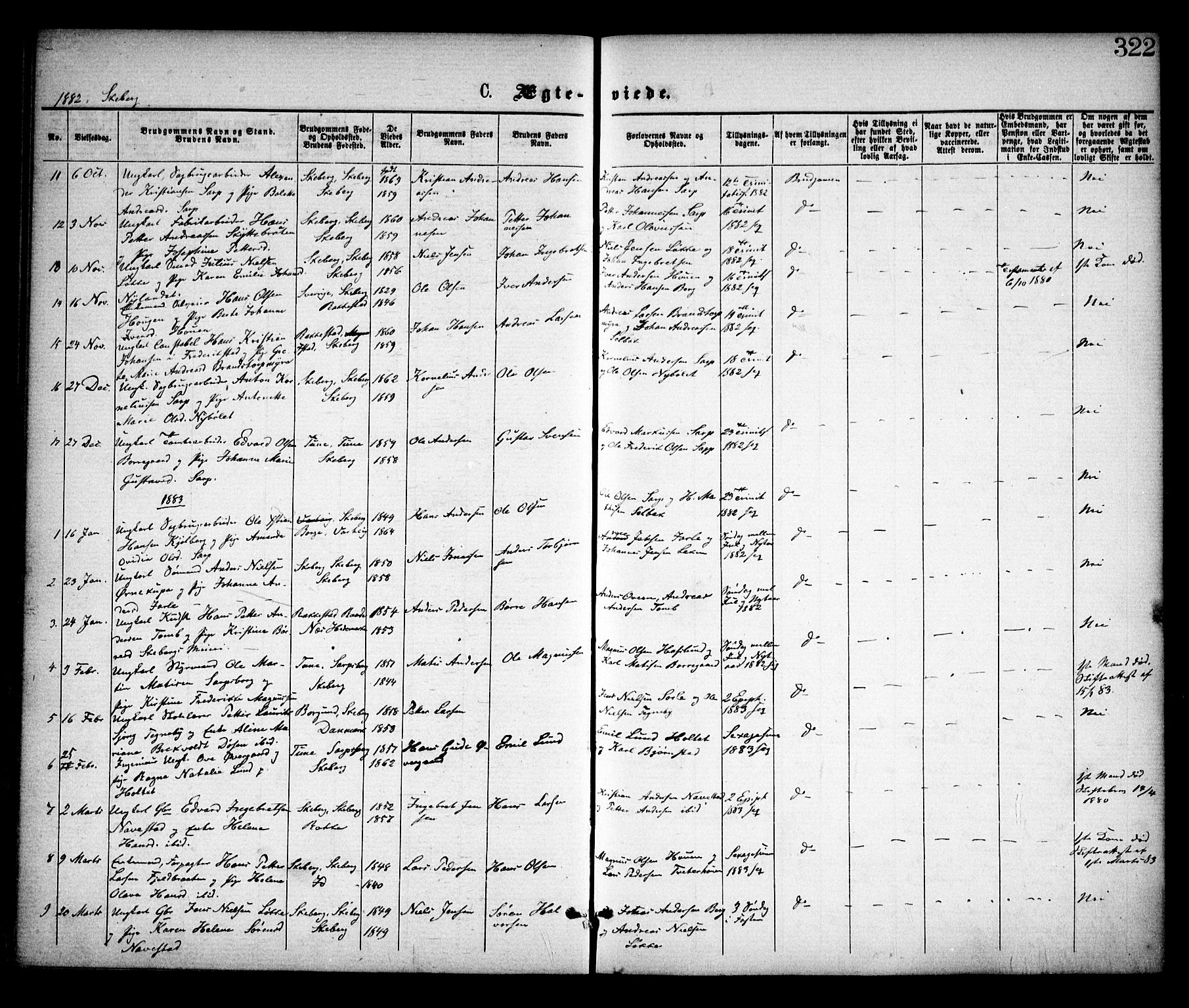Skjeberg prestekontor Kirkebøker, SAO/A-10923/F/Fa/L0008: Parish register (official) no. I 8, 1869-1885, p. 322