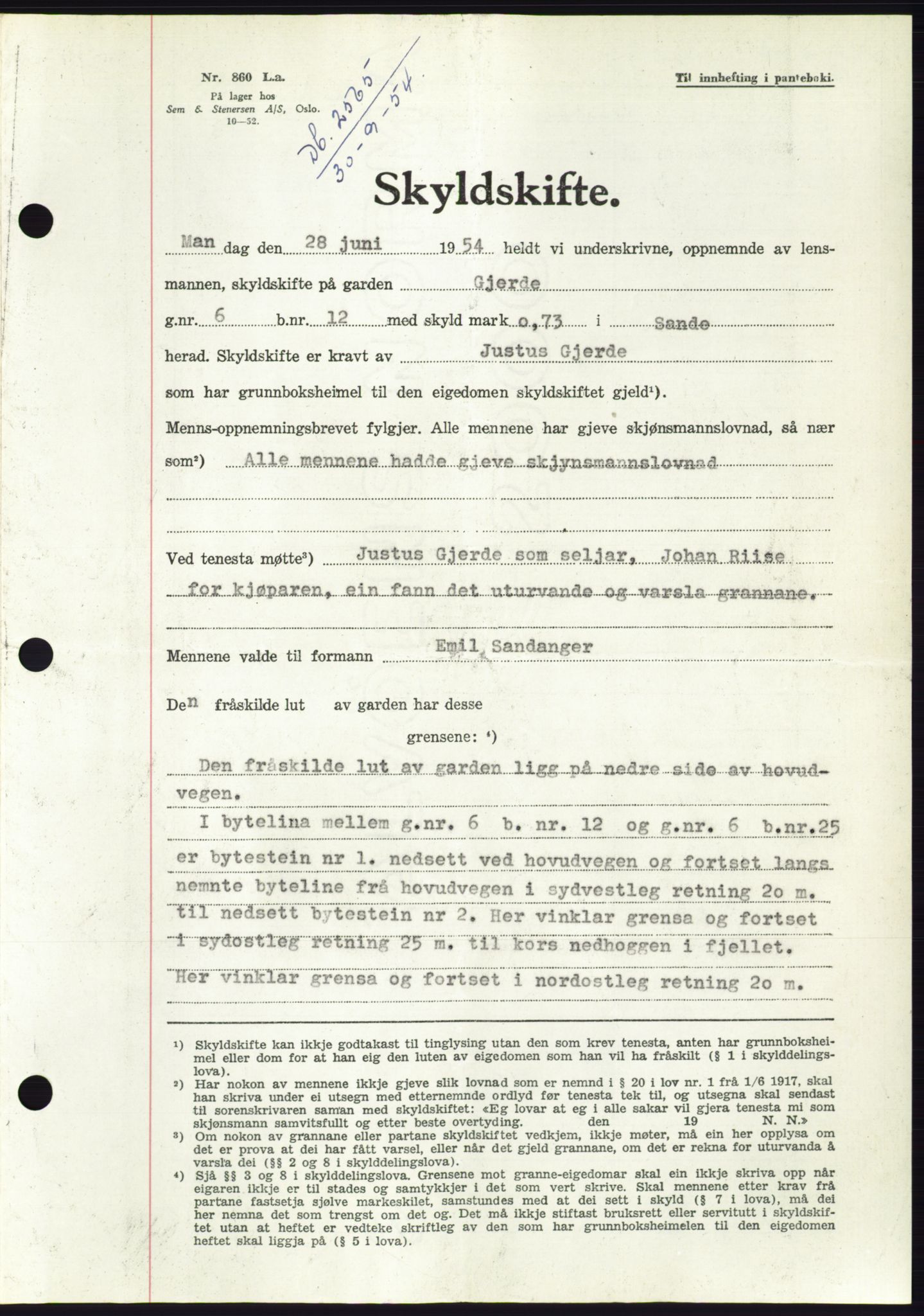 Søre Sunnmøre sorenskriveri, AV/SAT-A-4122/1/2/2C/L0099: Mortgage book no. 25A, 1954-1954, Diary no: : 2565/1954