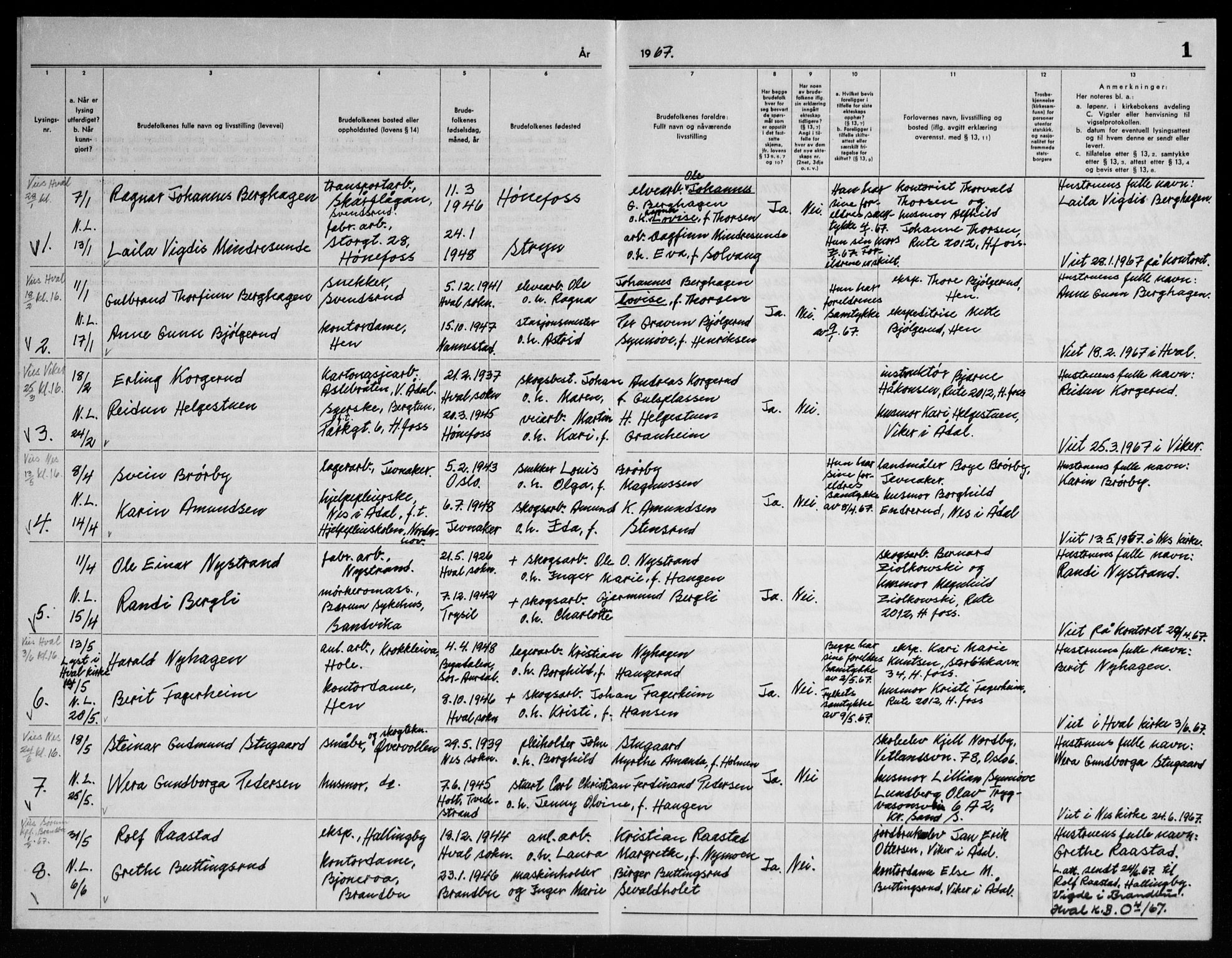 Ådal kirkebøker, AV/SAKO-A-248/H/Ha/L0002: Banns register no. 2, 1967-1969, p. 1