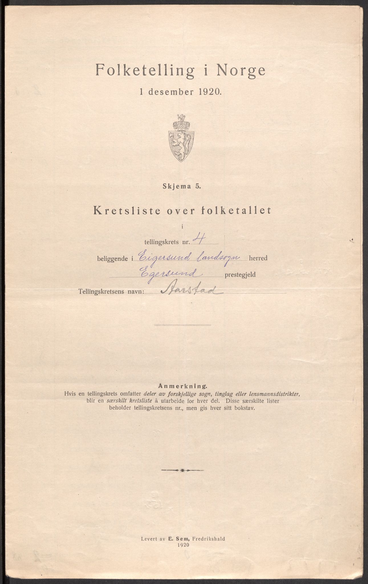 SAST, 1920 census for Eigersund, 1920, p. 16