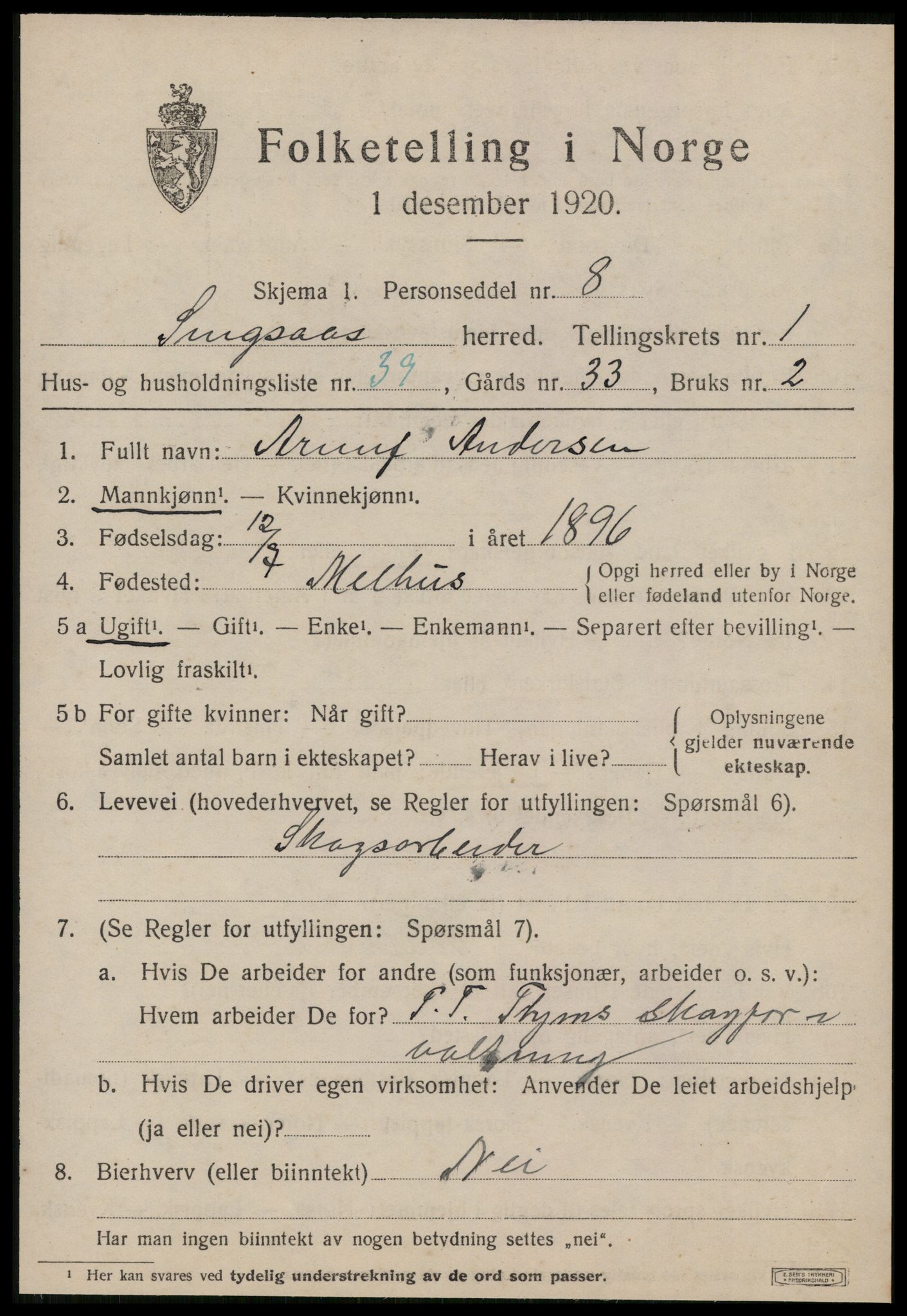 SAT, 1920 census for Singsås, 1920, p. 1121